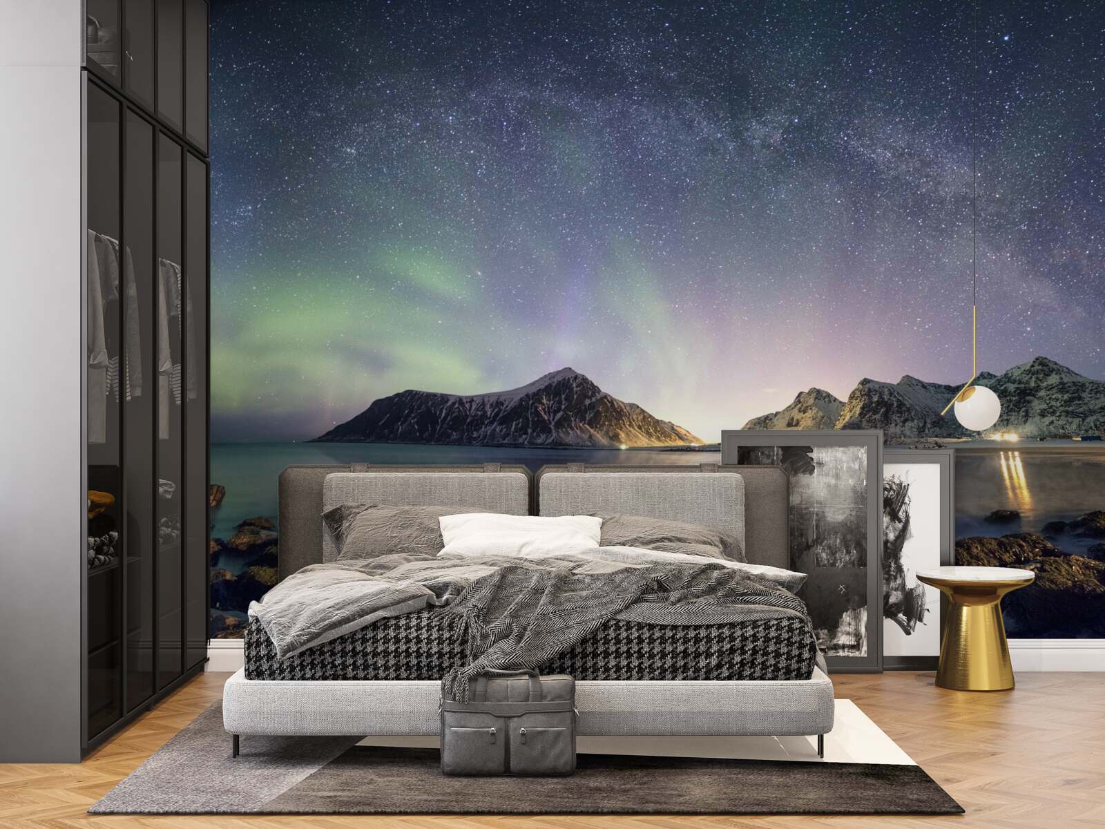 Fotobehang de nachtelijke hemel versierd met sterren en verlicht door de aurora borealis