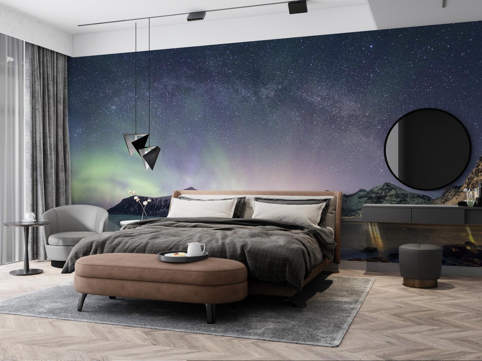 Fotobehang de nachtelijke hemel versierd met sterren en verlicht door de aurora borealis