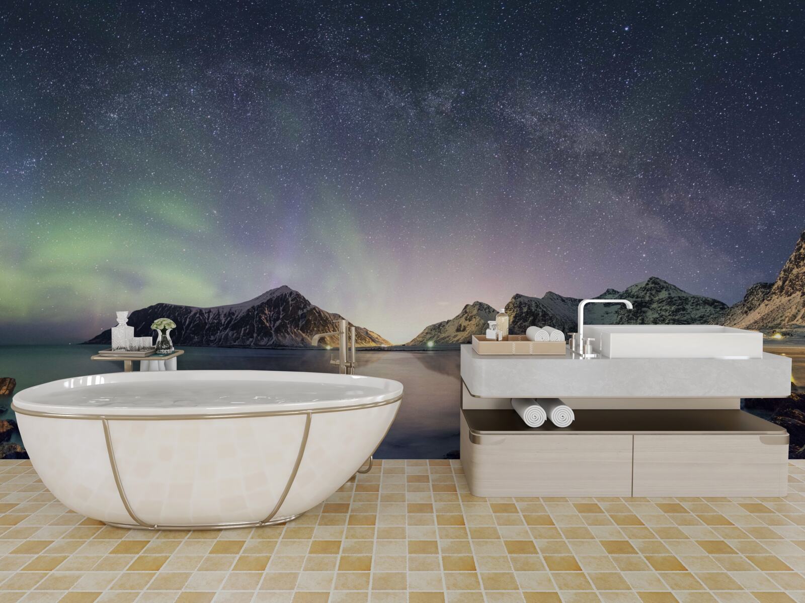 Fotobehang de nachtelijke hemel versierd met sterren en verlicht door de aurora borealis