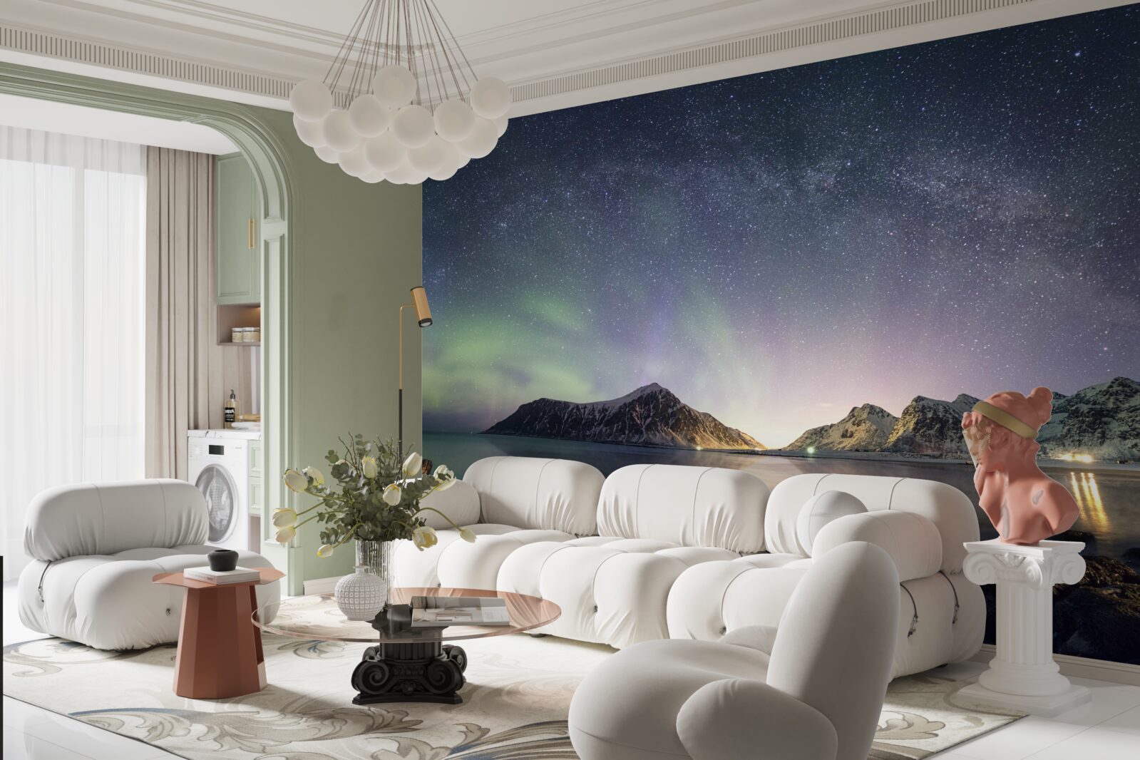 Fotobehang de nachtelijke hemel versierd met sterren en verlicht door de aurora borealis