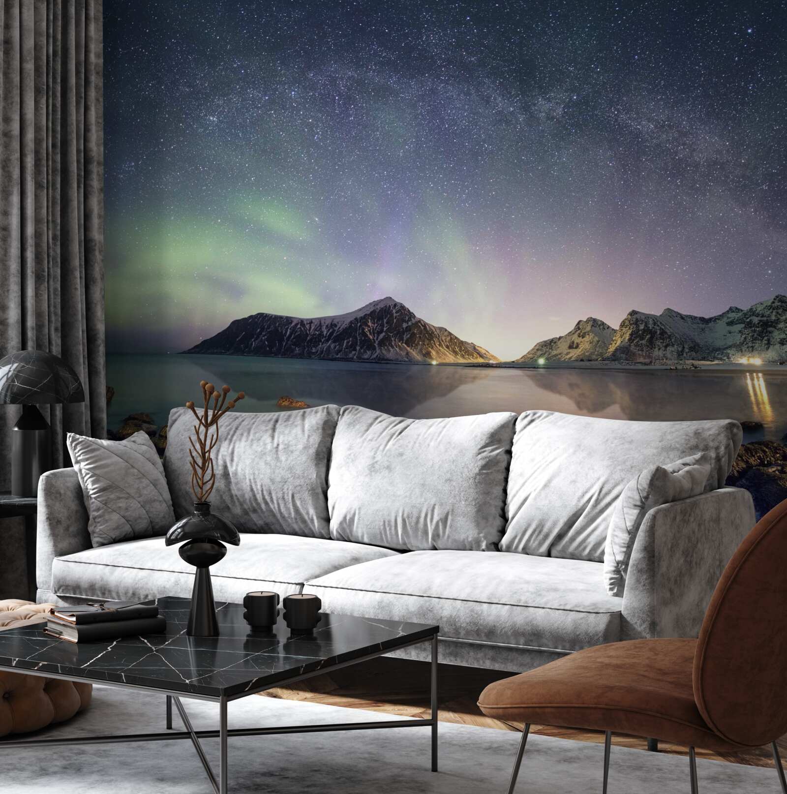 Fotobehang de nachtelijke hemel versierd met sterren en verlicht door de aurora borealis