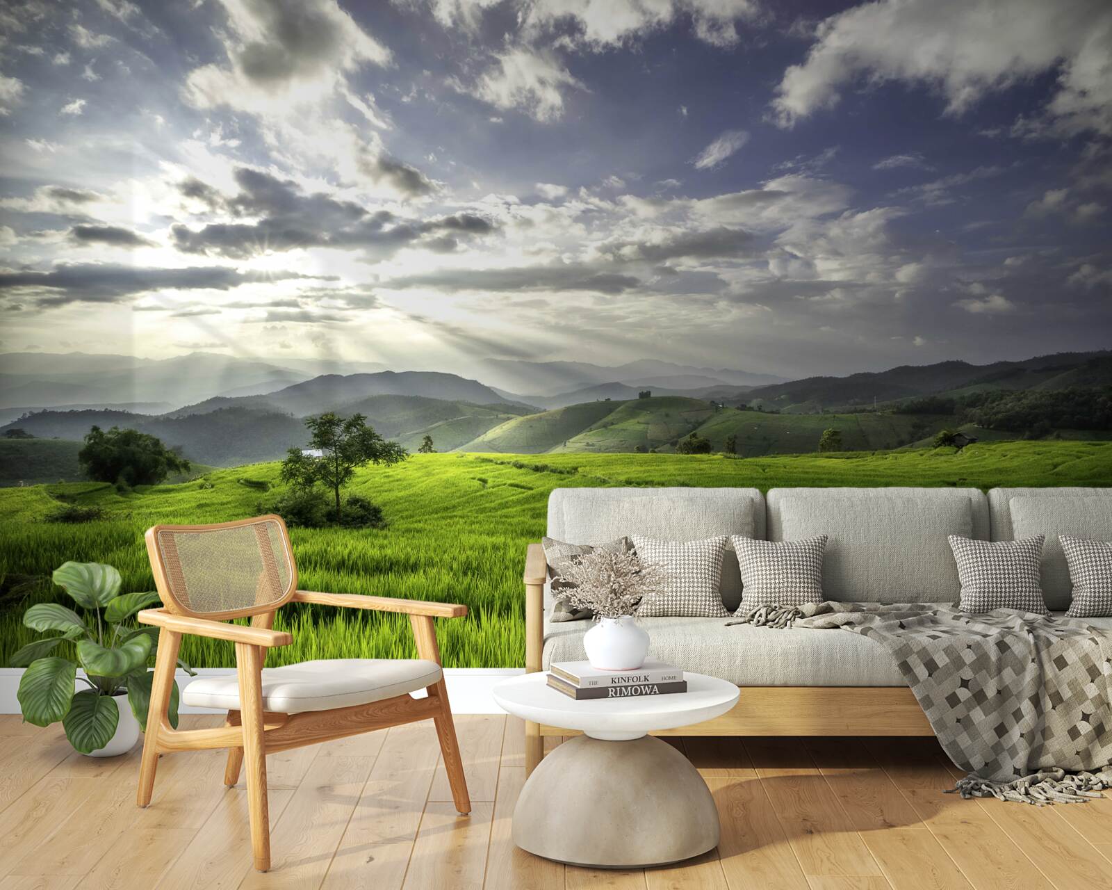 Fotobehang een vlakte ondergedompeld in het groen van de bergen wordt verlicht door zonnestralen