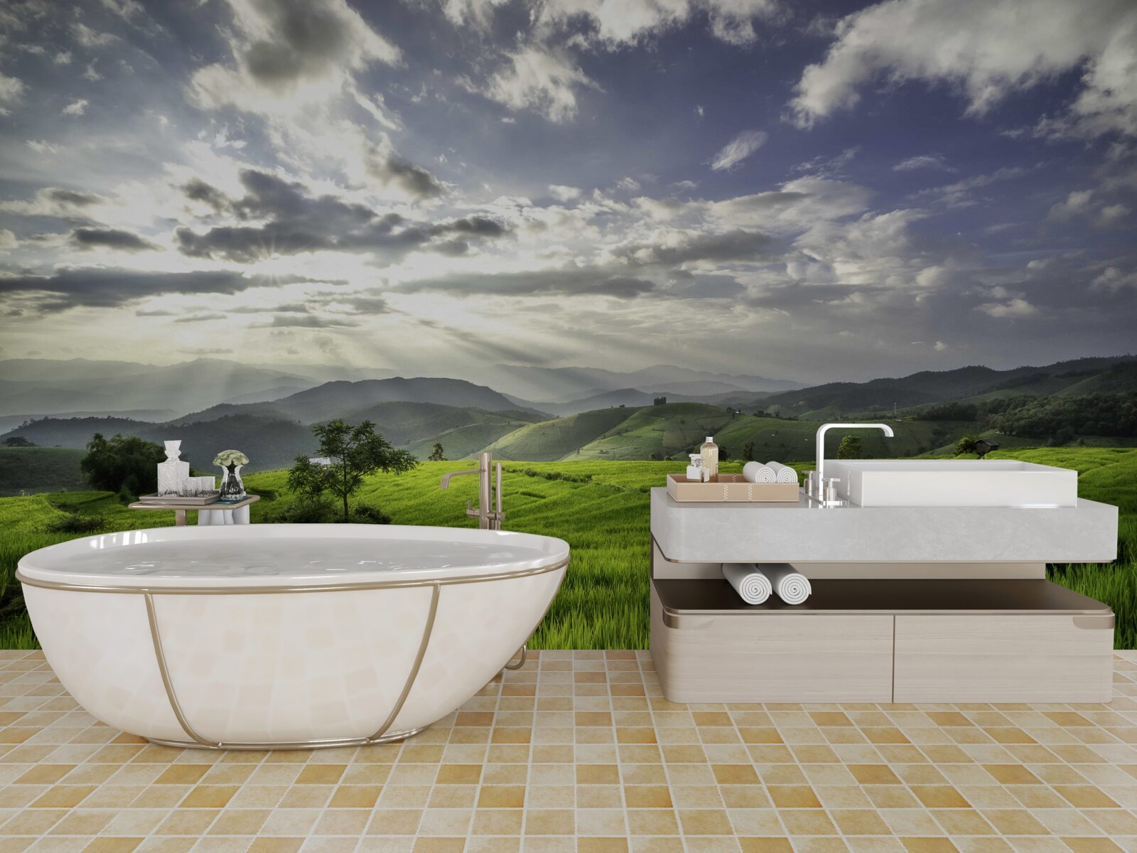 Fotobehang een vlakte ondergedompeld in het groen van de bergen wordt verlicht door zonnestralen