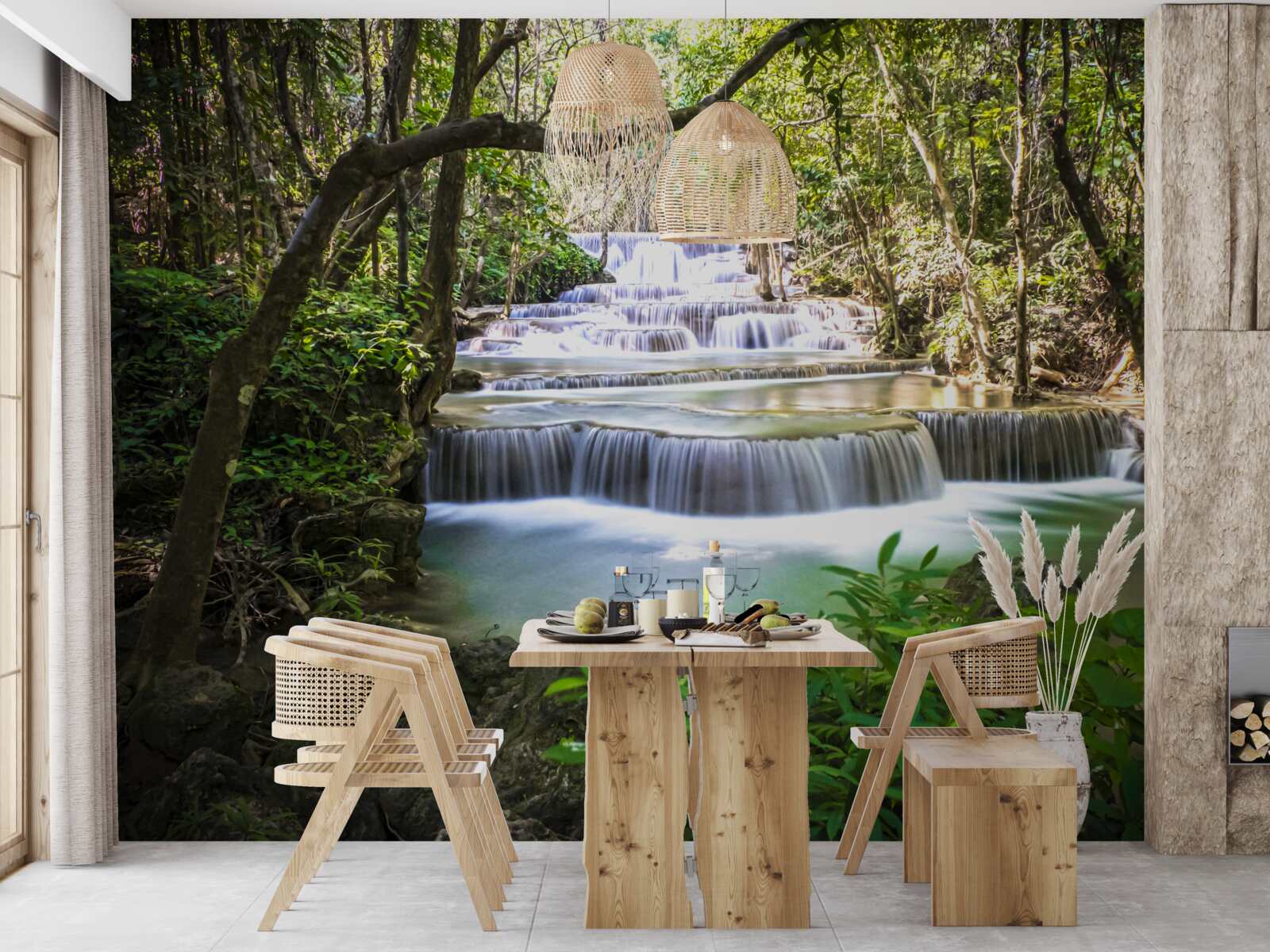 Fotobehang watervallen in het bos die bij dageraad naar beneden storten