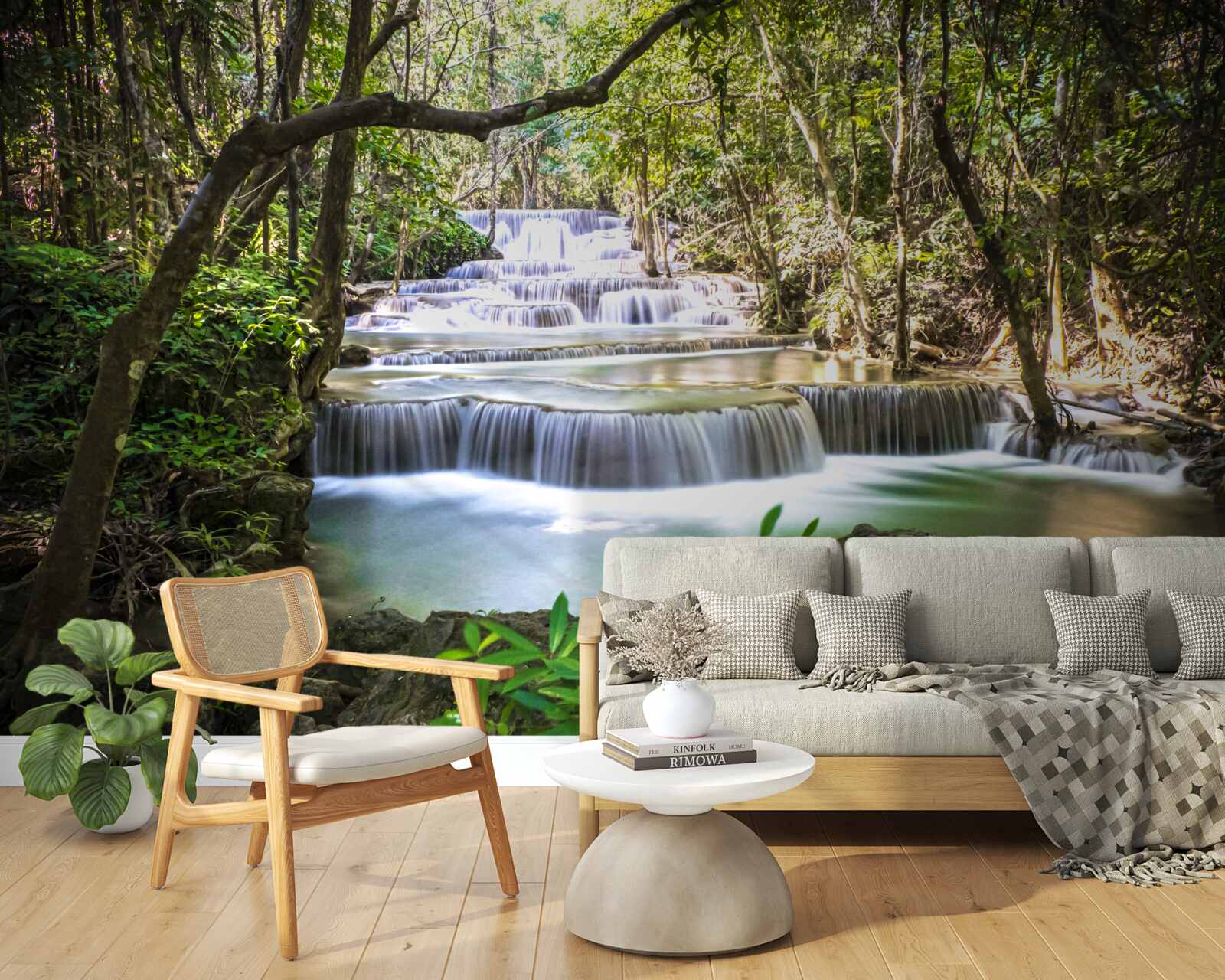 Fotobehang watervallen in het bos die bij dageraad naar beneden storten