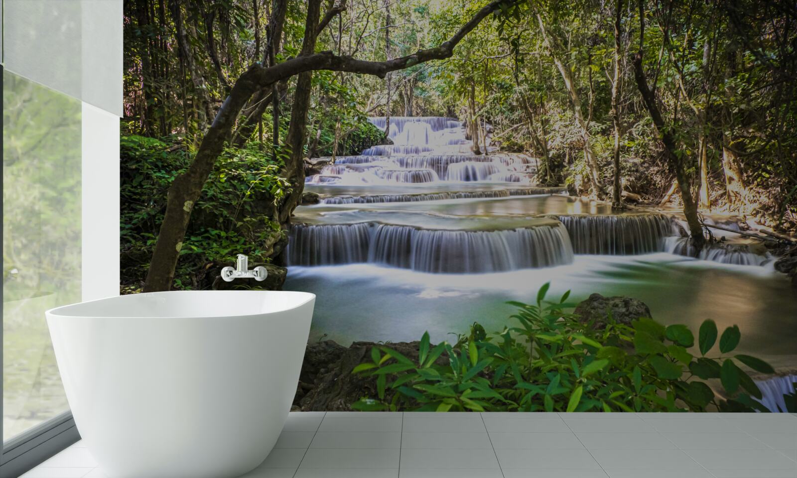 Fotobehang watervallen in het bos die bij dageraad naar beneden storten