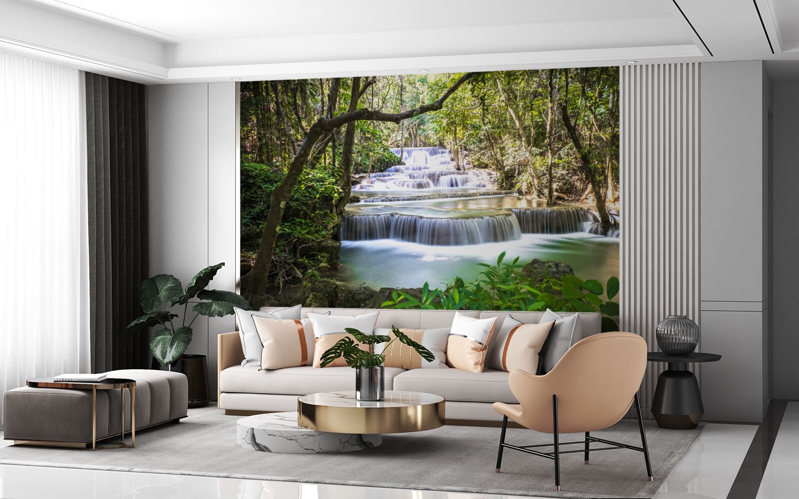 Fotobehang watervallen in het bos die bij dageraad naar beneden storten