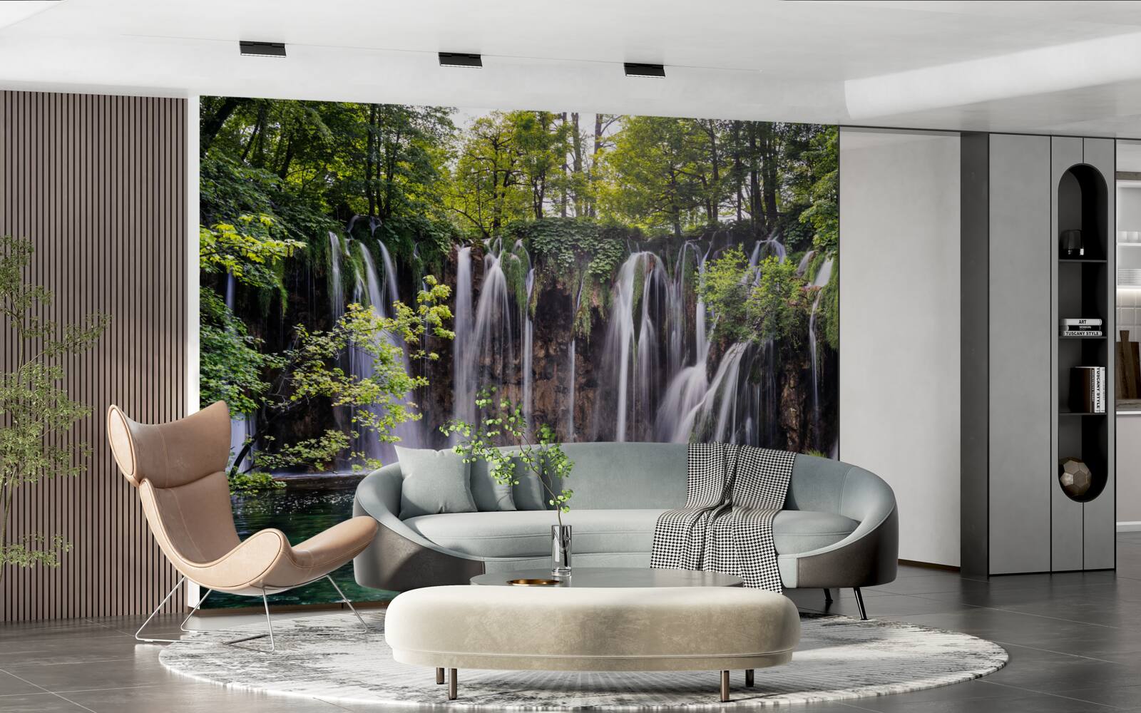 Fotobehang watervallen die uitmonden in een helder meer