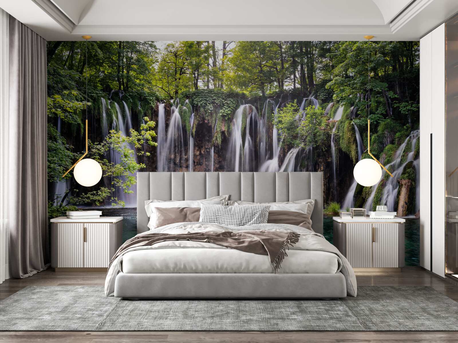 Fotobehang watervallen die uitmonden in een helder meer