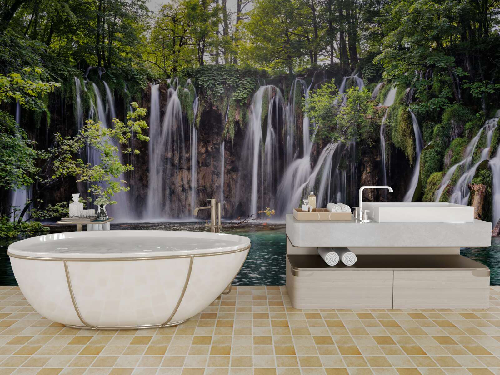 Fotobehang watervallen die uitmonden in een helder meer