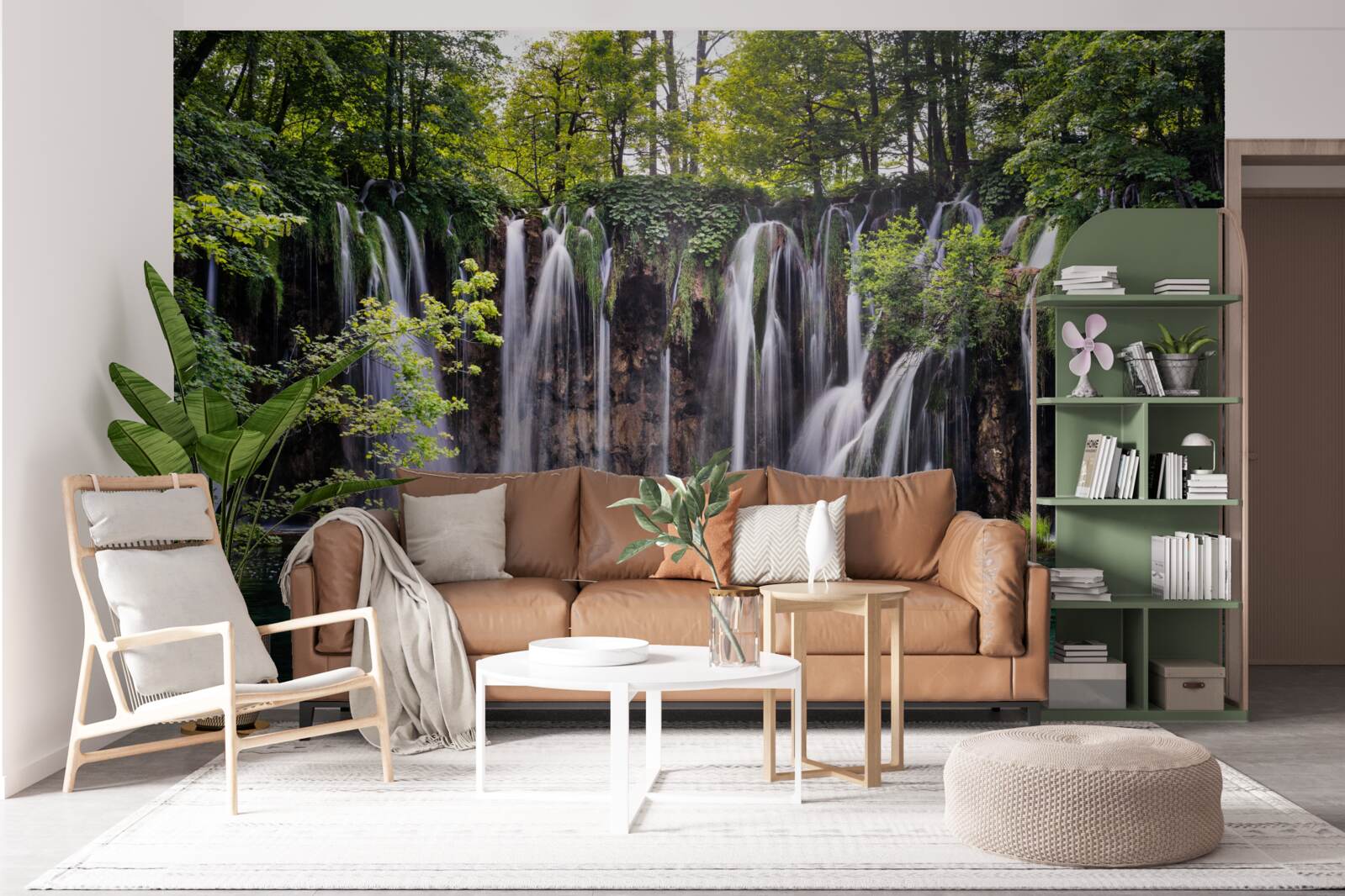 Fotobehang watervallen die uitmonden in een helder meer