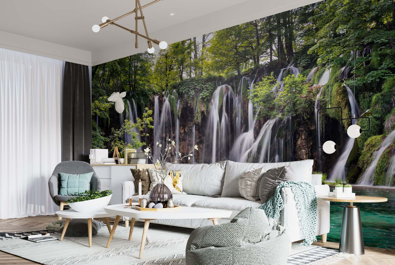 Fotobehang watervallen die uitmonden in een helder meer