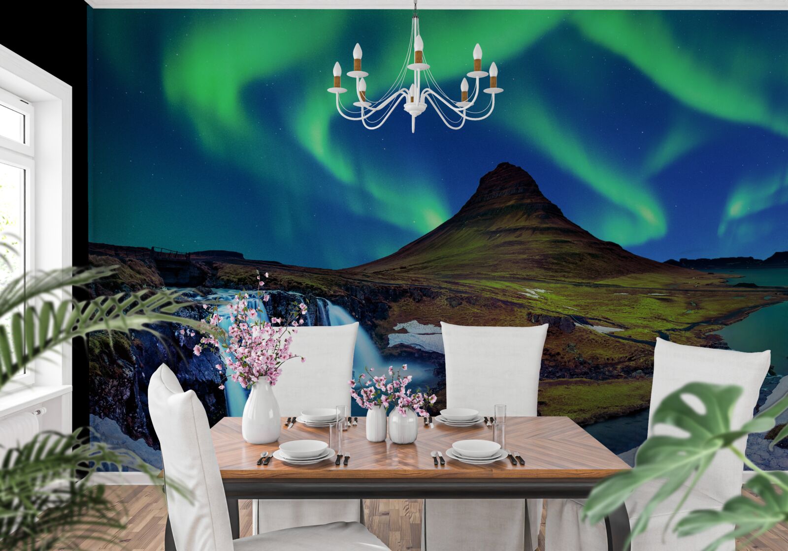 Fotobehang waterval presenteert prachtig noorderlicht