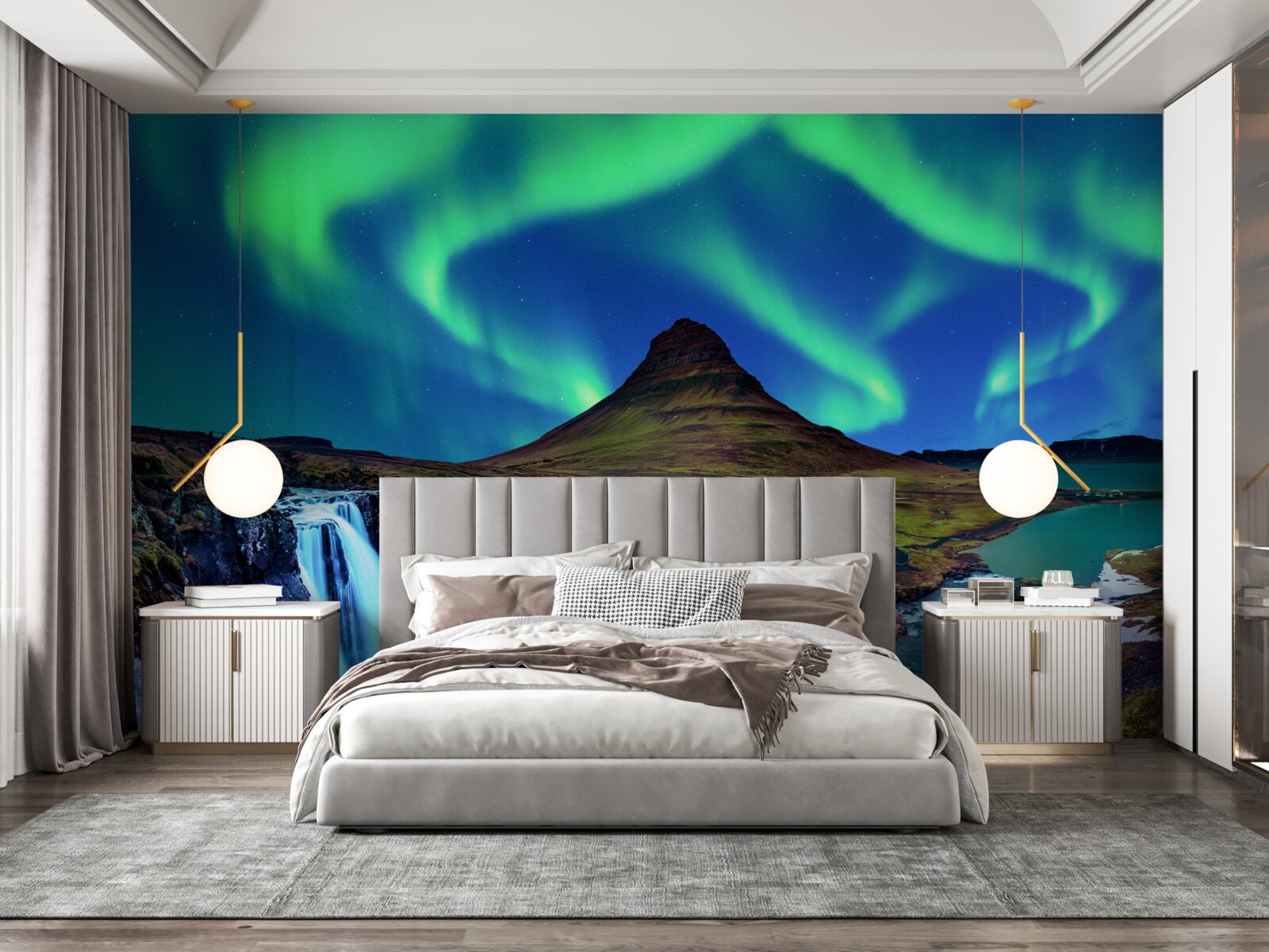 Fotobehang waterval presenteert prachtig noorderlicht