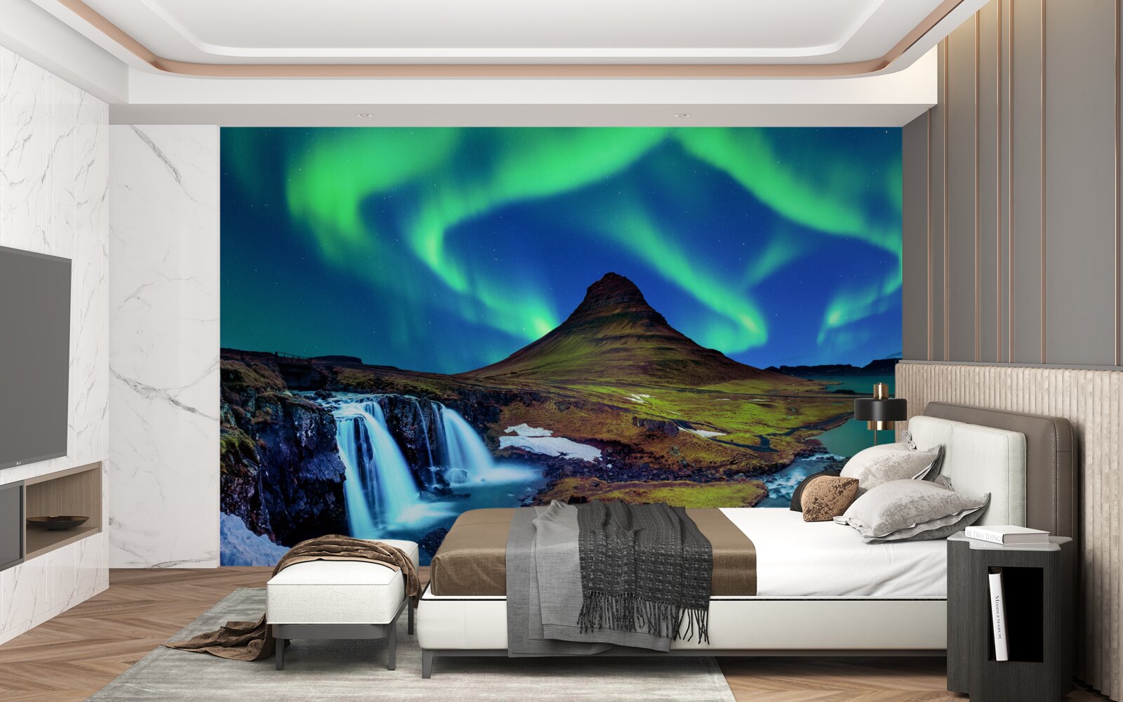 Fotobehang waterval presenteert prachtig noorderlicht