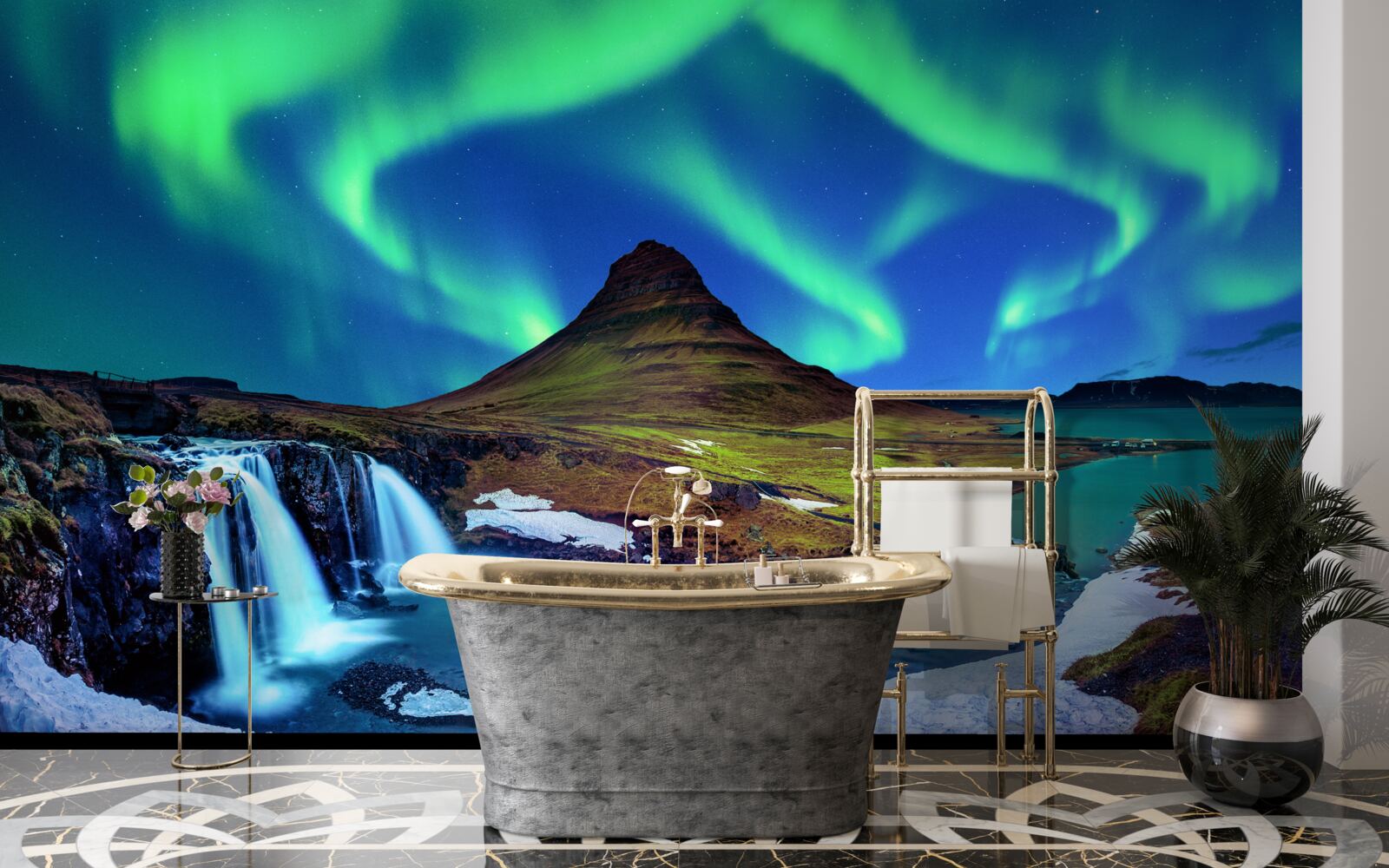 Fotobehang waterval presenteert prachtig noorderlicht