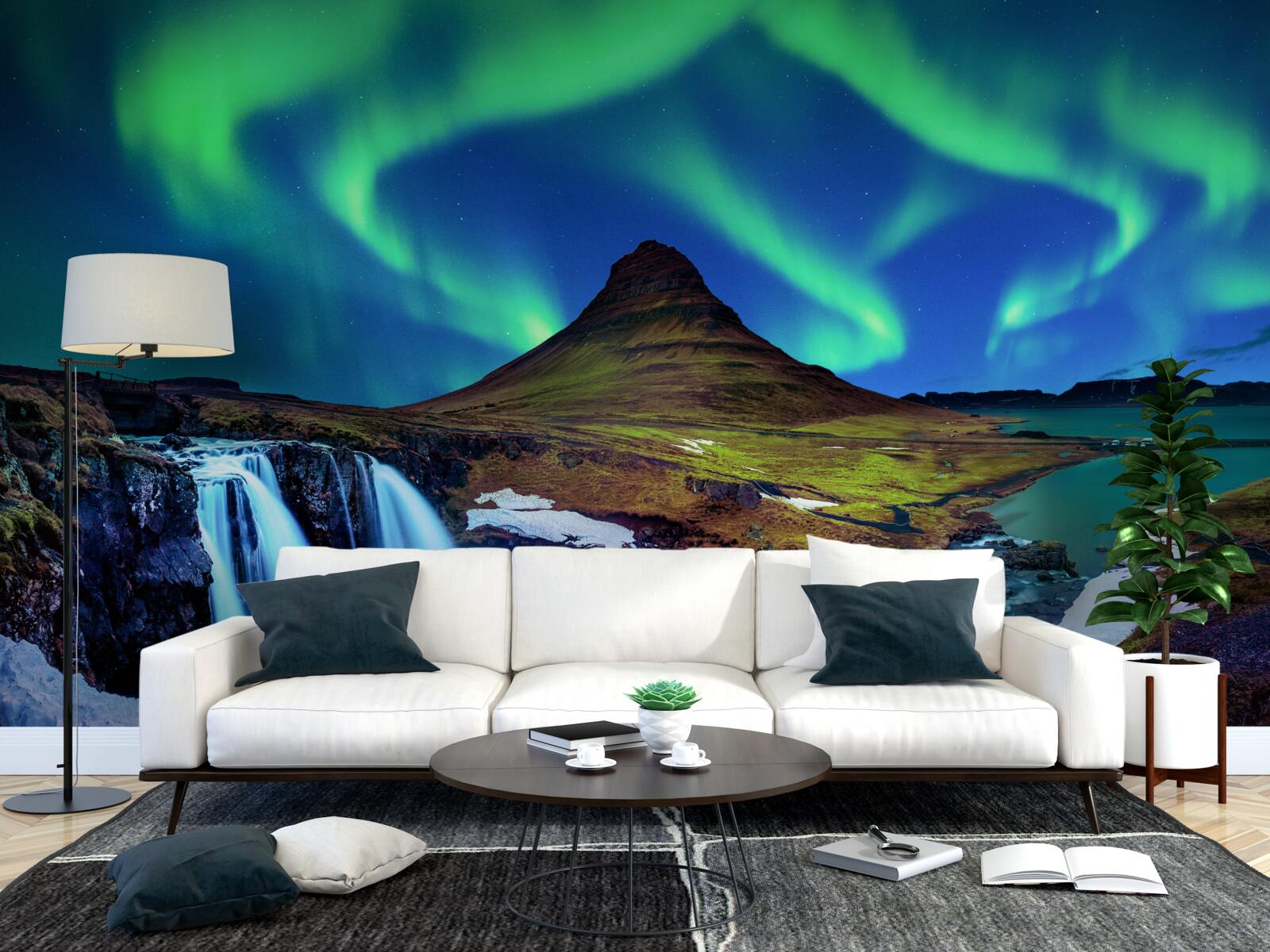 Fotobehang waterval presenteert prachtig noorderlicht