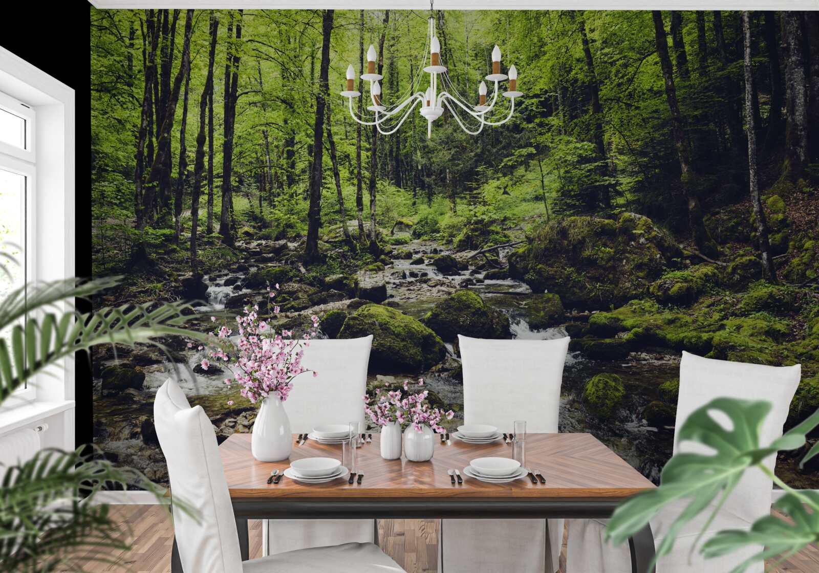 Fotobehang waterval in de bergen, omgeven door een groen bosje