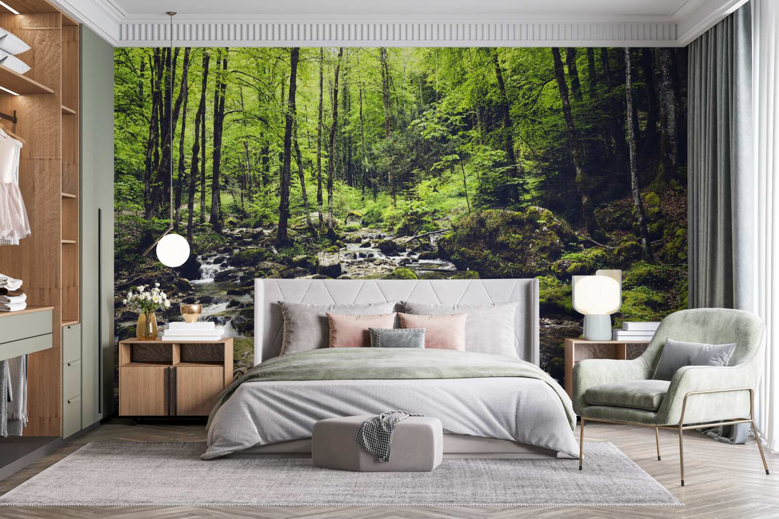 Fotobehang waterval in de bergen, omgeven door een groen bosje