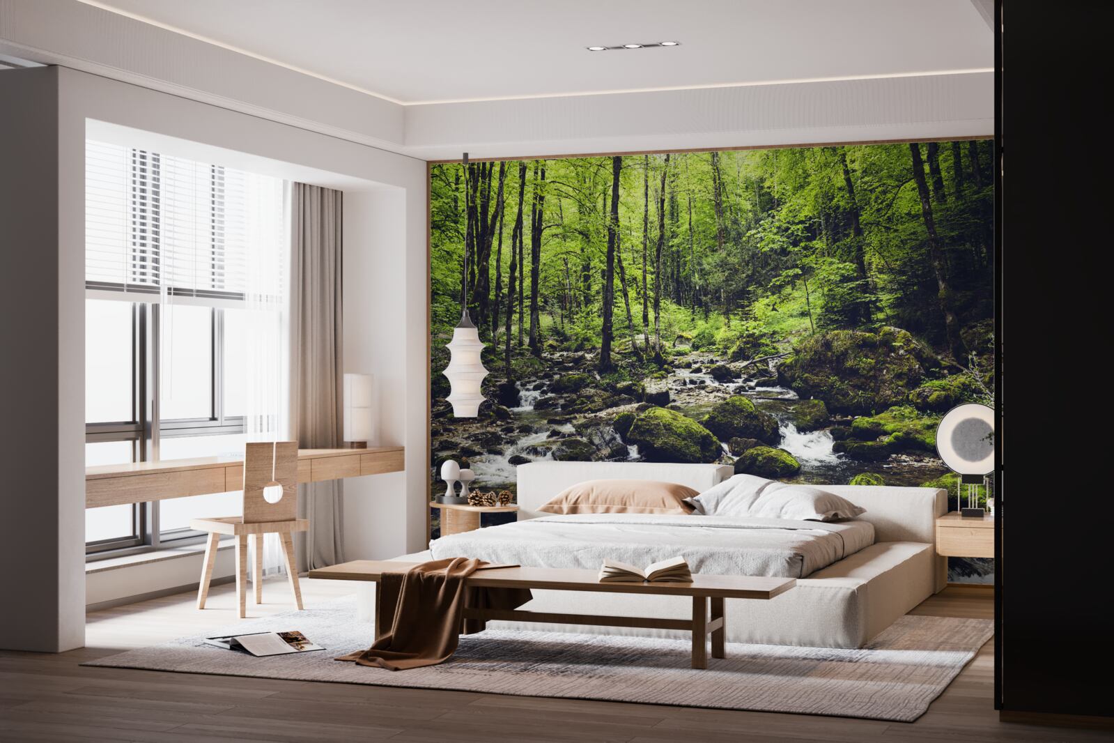 Fotobehang waterval in de bergen, omgeven door een groen bosje