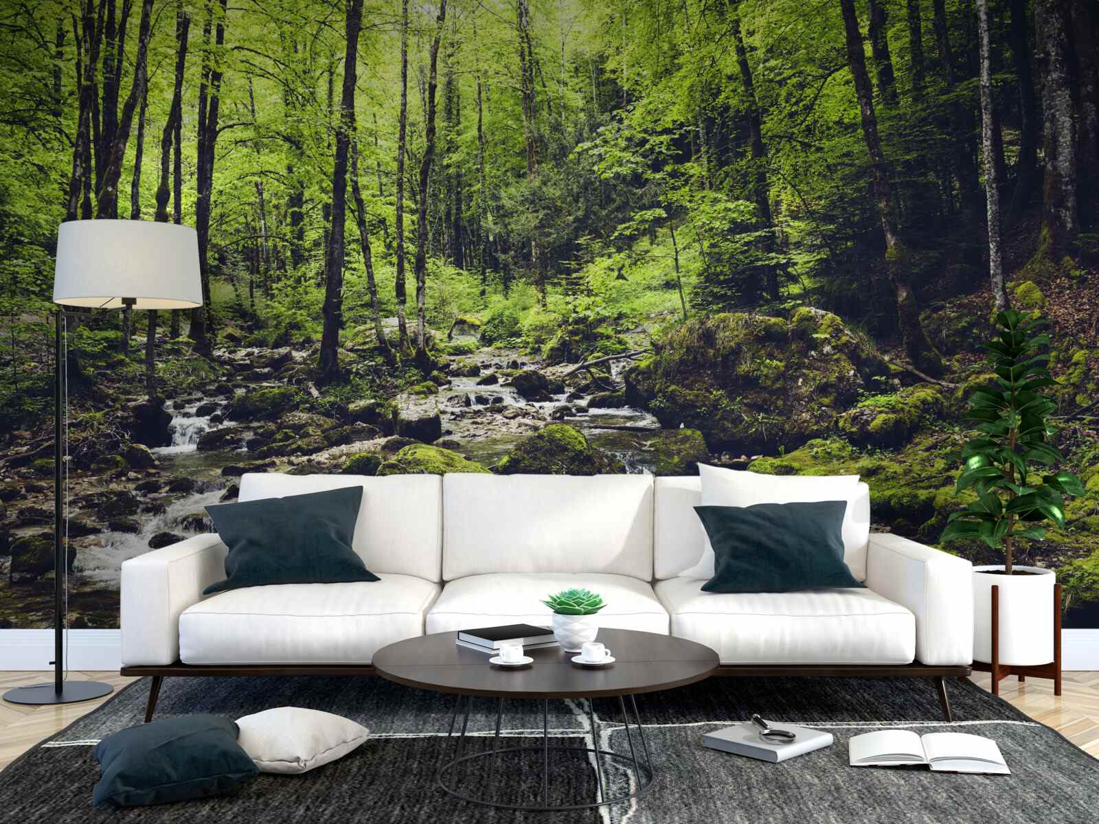 Fotobehang waterval in de bergen, omgeven door een groen bosje