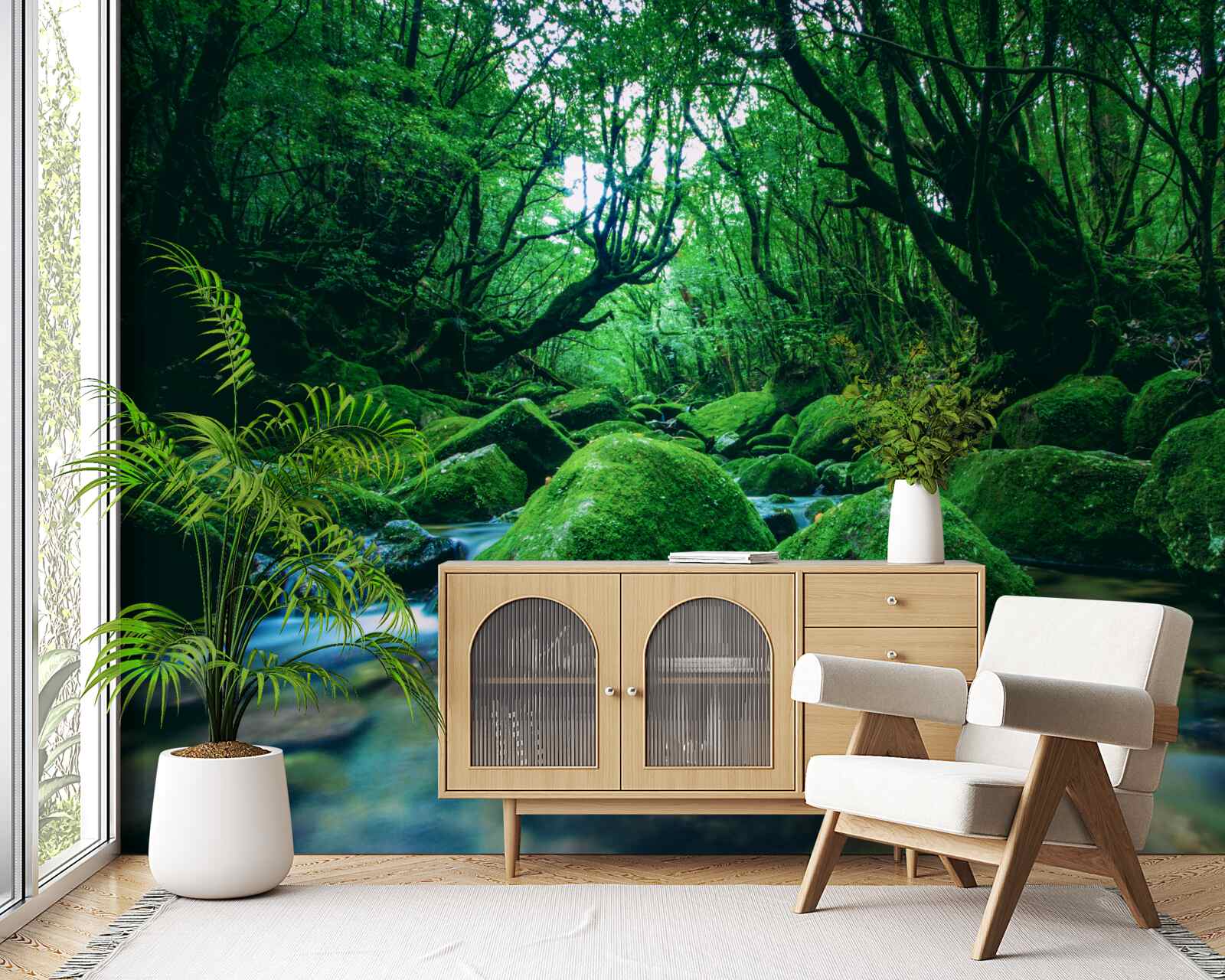 Fotobehang bos in slaap gedompeld aan de voet van een waterval