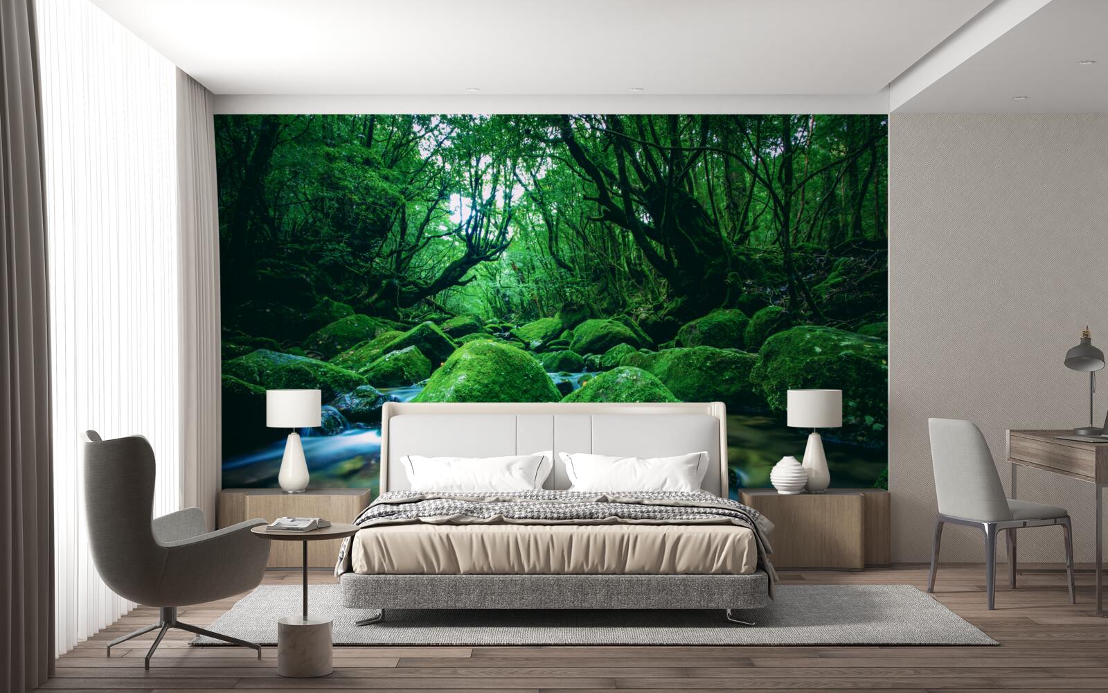 Fotobehang bos in slaap gedompeld aan de voet van een waterval