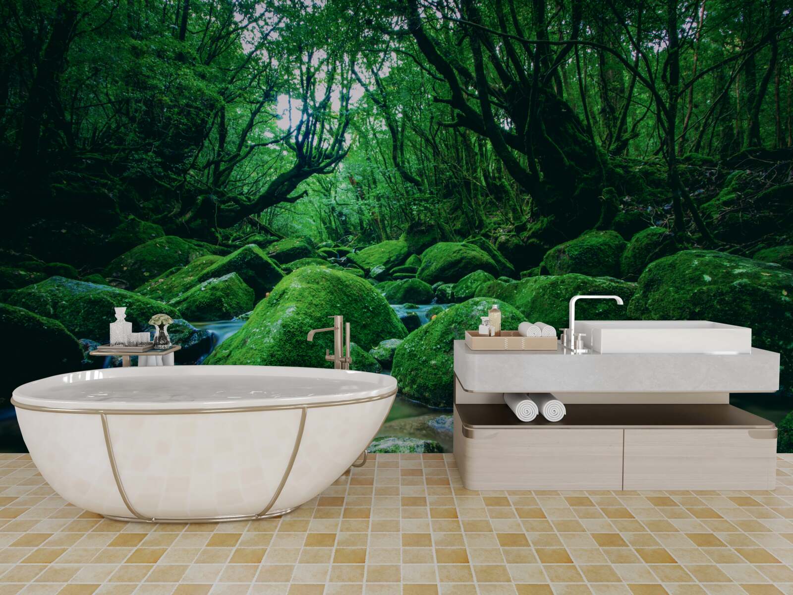 Fotobehang bos in slaap gedompeld aan de voet van een waterval