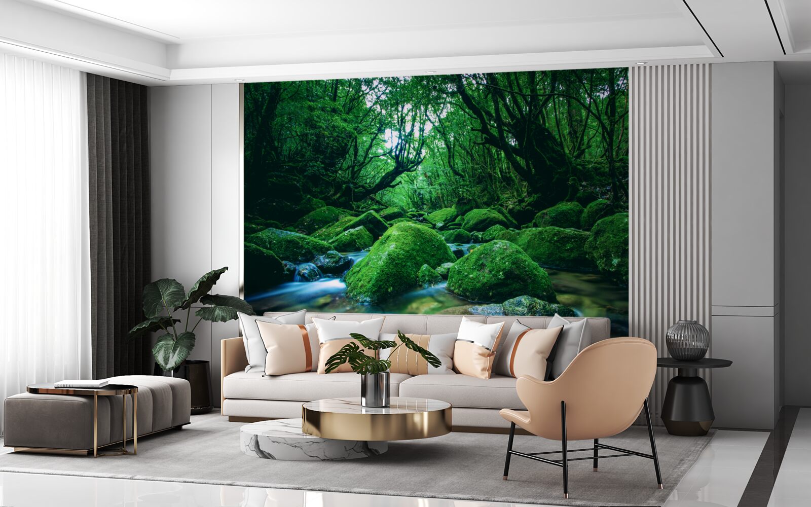 Fotobehang bos in slaap gedompeld aan de voet van een waterval