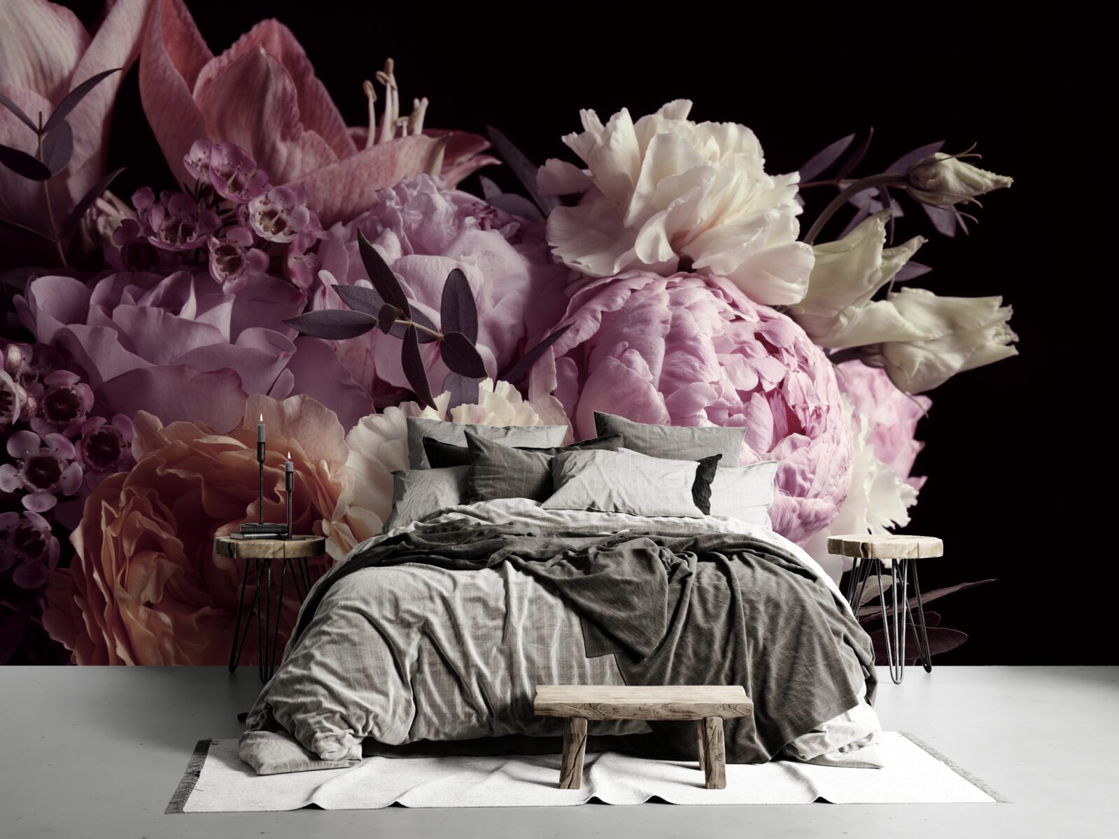 Fotobehang boeket in vintage-stijl op een zwarte achtergrond, die doet denken aan de herfst