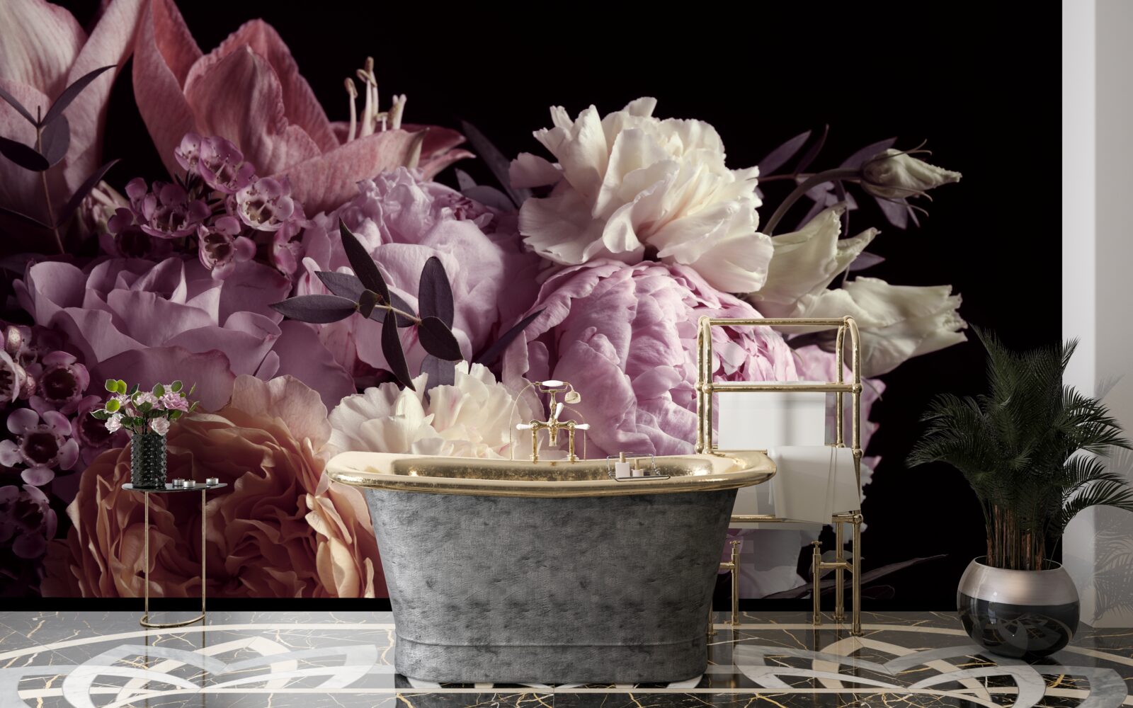 Fotobehang boeket in vintage-stijl op een zwarte achtergrond, die doet denken aan de herfst