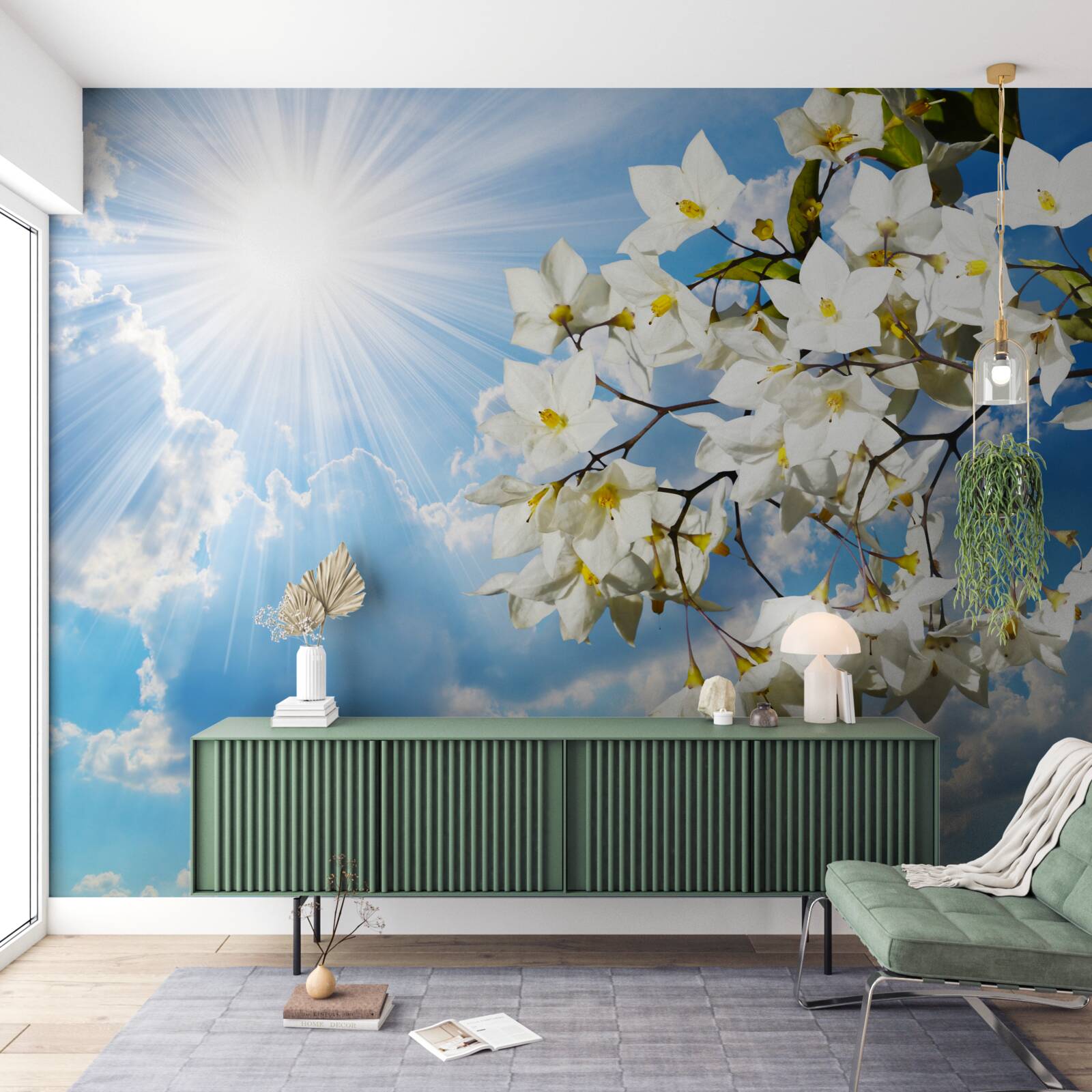 Fotobehang bloeiende tak sneeuwwitte jasmijn