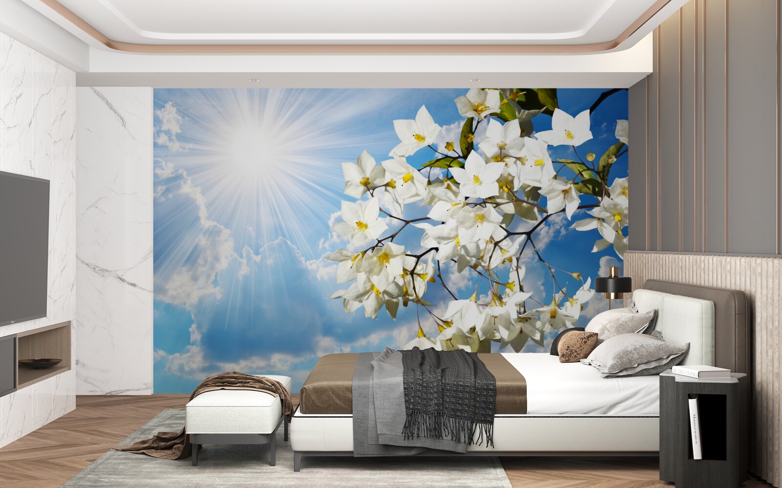 Fotobehang bloeiende tak sneeuwwitte jasmijn