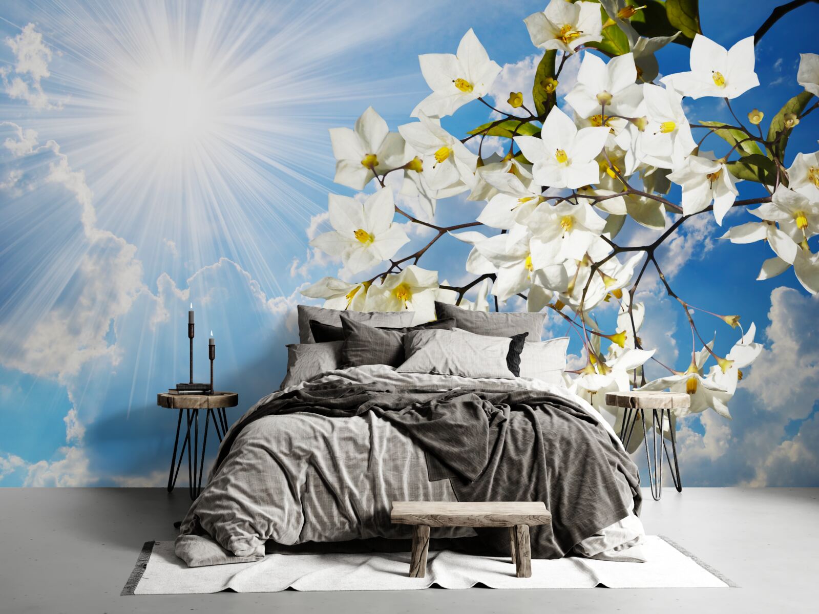 Fotobehang bloeiende tak sneeuwwitte jasmijn