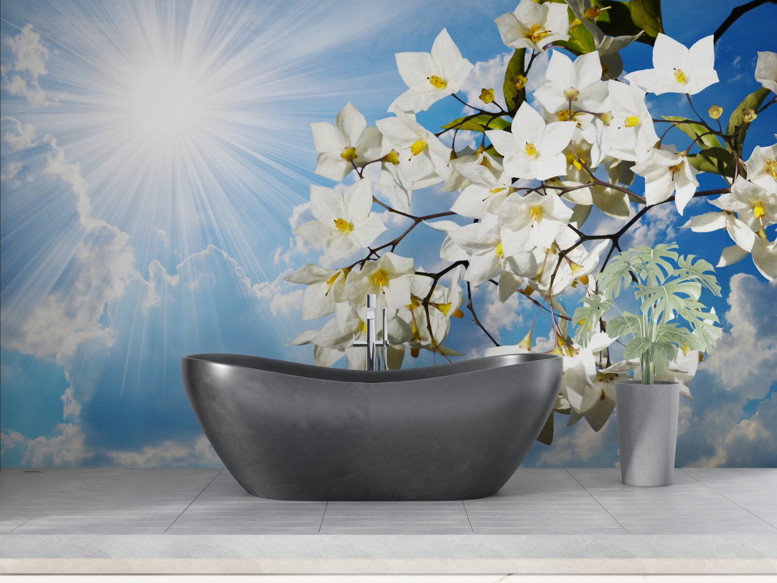 Fotobehang bloeiende tak sneeuwwitte jasmijn