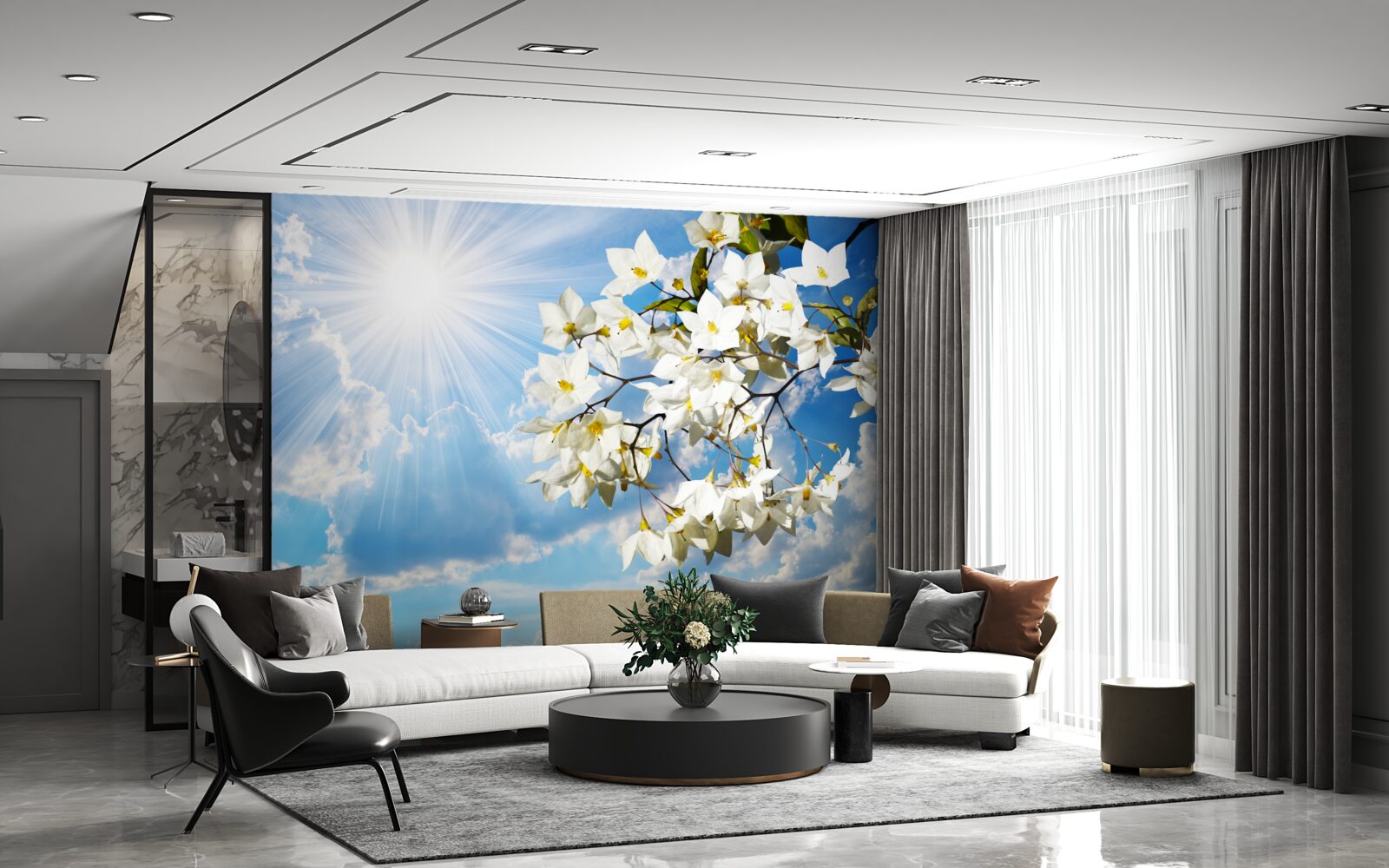 Fotobehang bloeiende tak sneeuwwitte jasmijn