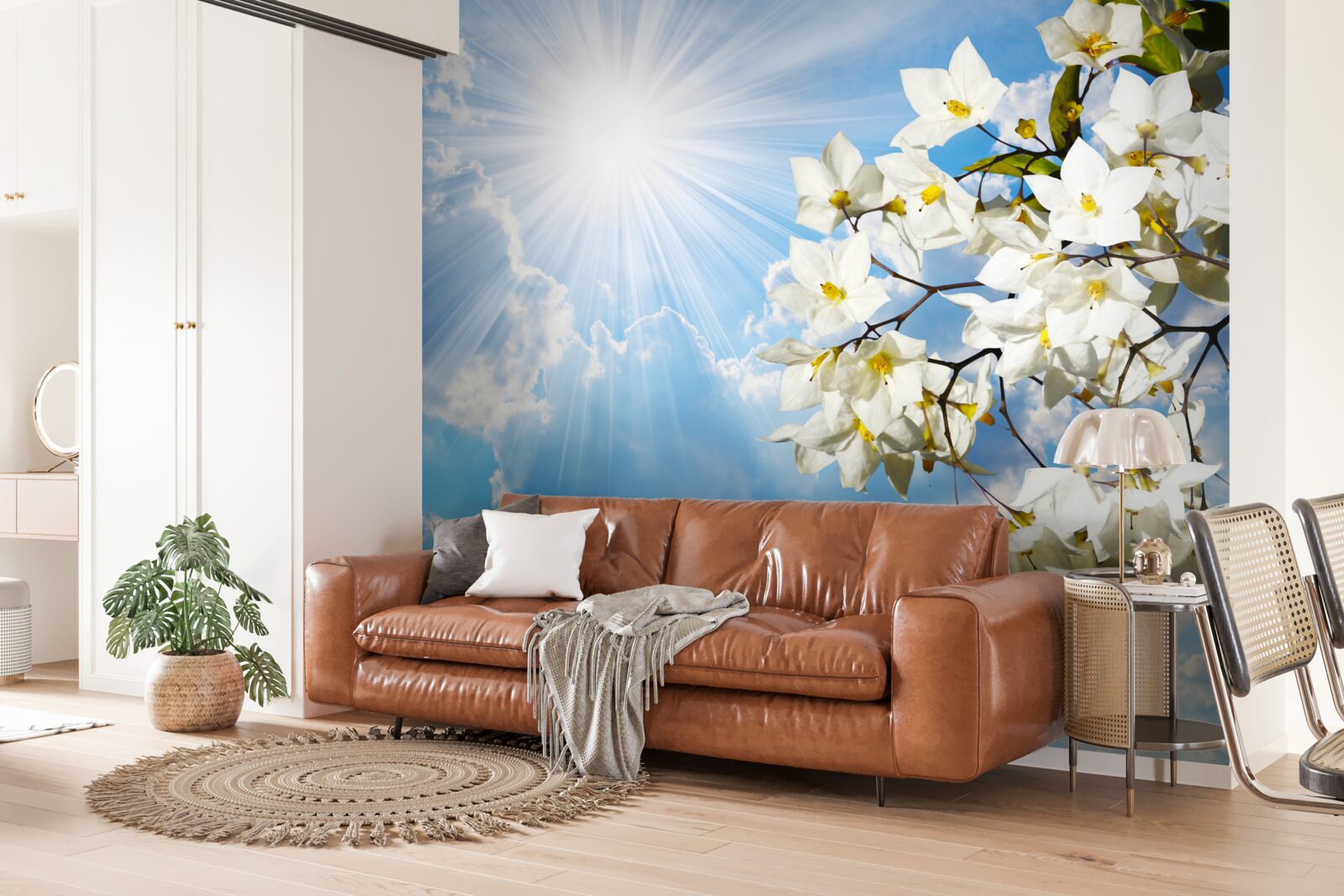 Fotobehang bloeiende tak sneeuwwitte jasmijn