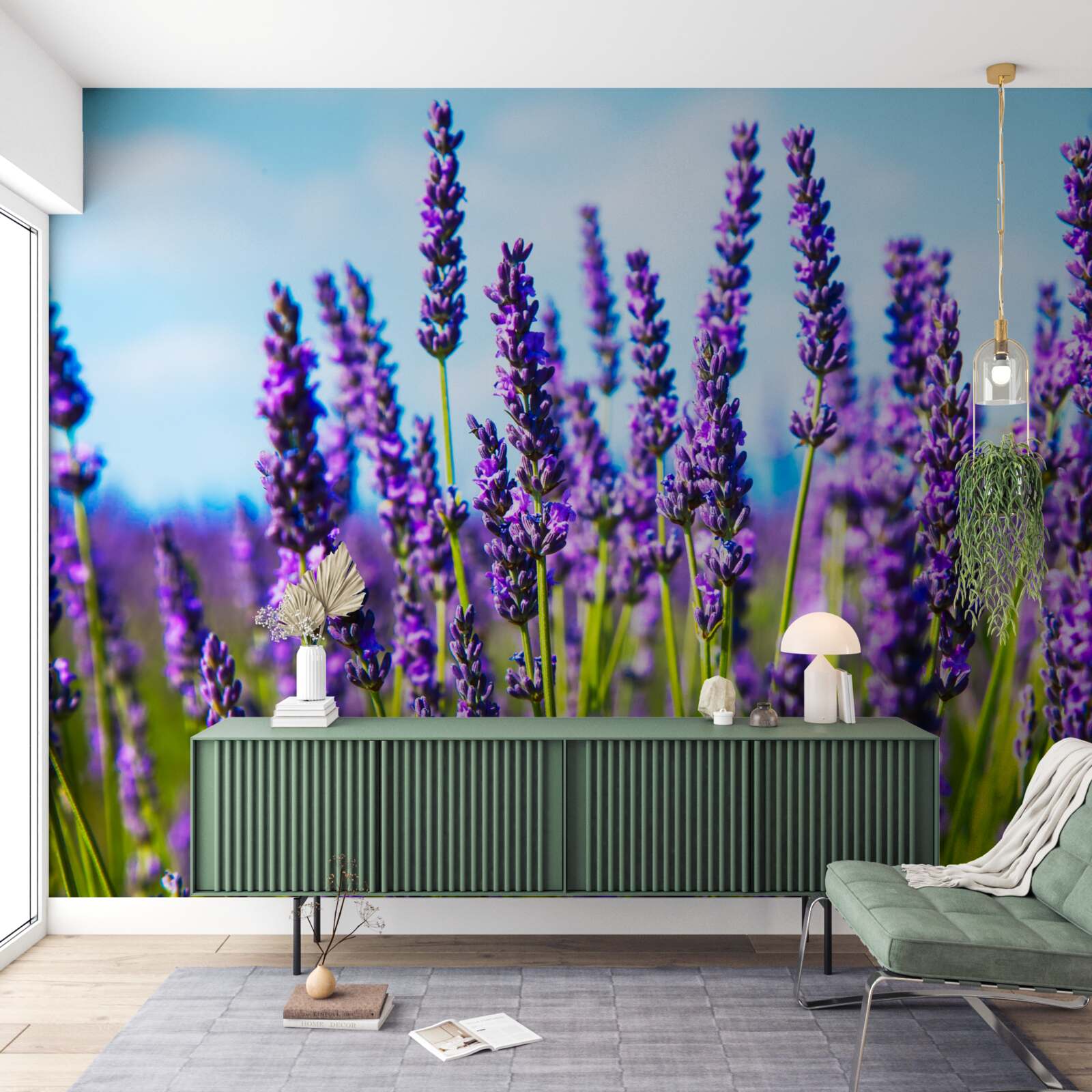 Fotobehang paars lavendel tegen een blauwe lucht
