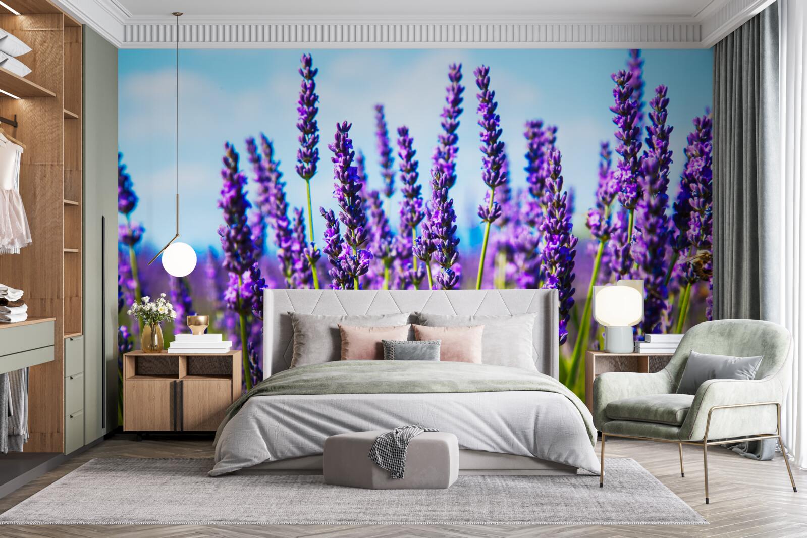 Fotobehang paars lavendel tegen een blauwe lucht