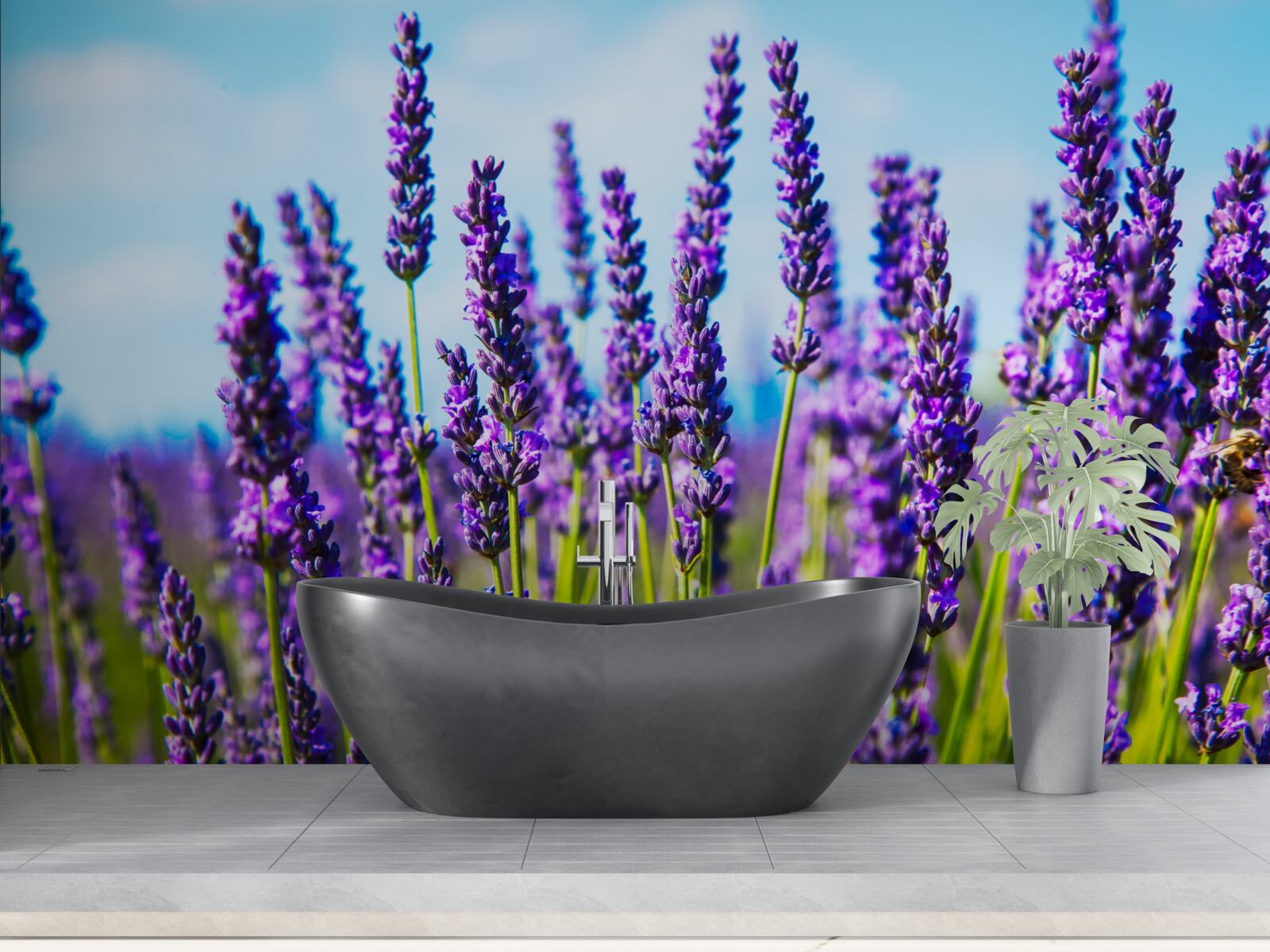 Fotobehang paars lavendel tegen een blauwe lucht