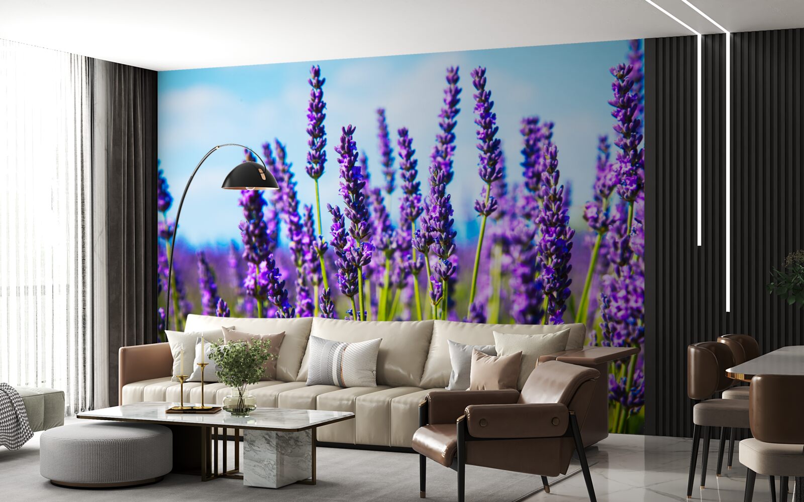 Fotobehang paars lavendel tegen een blauwe lucht