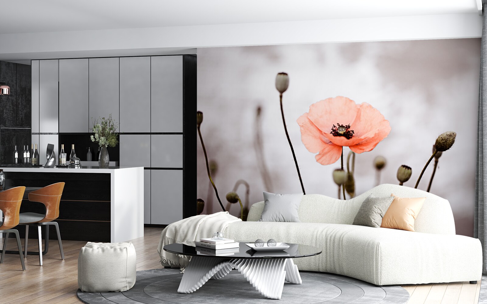 Fotobehang een eenzame klaproos die zich in al zijn roze pracht opent