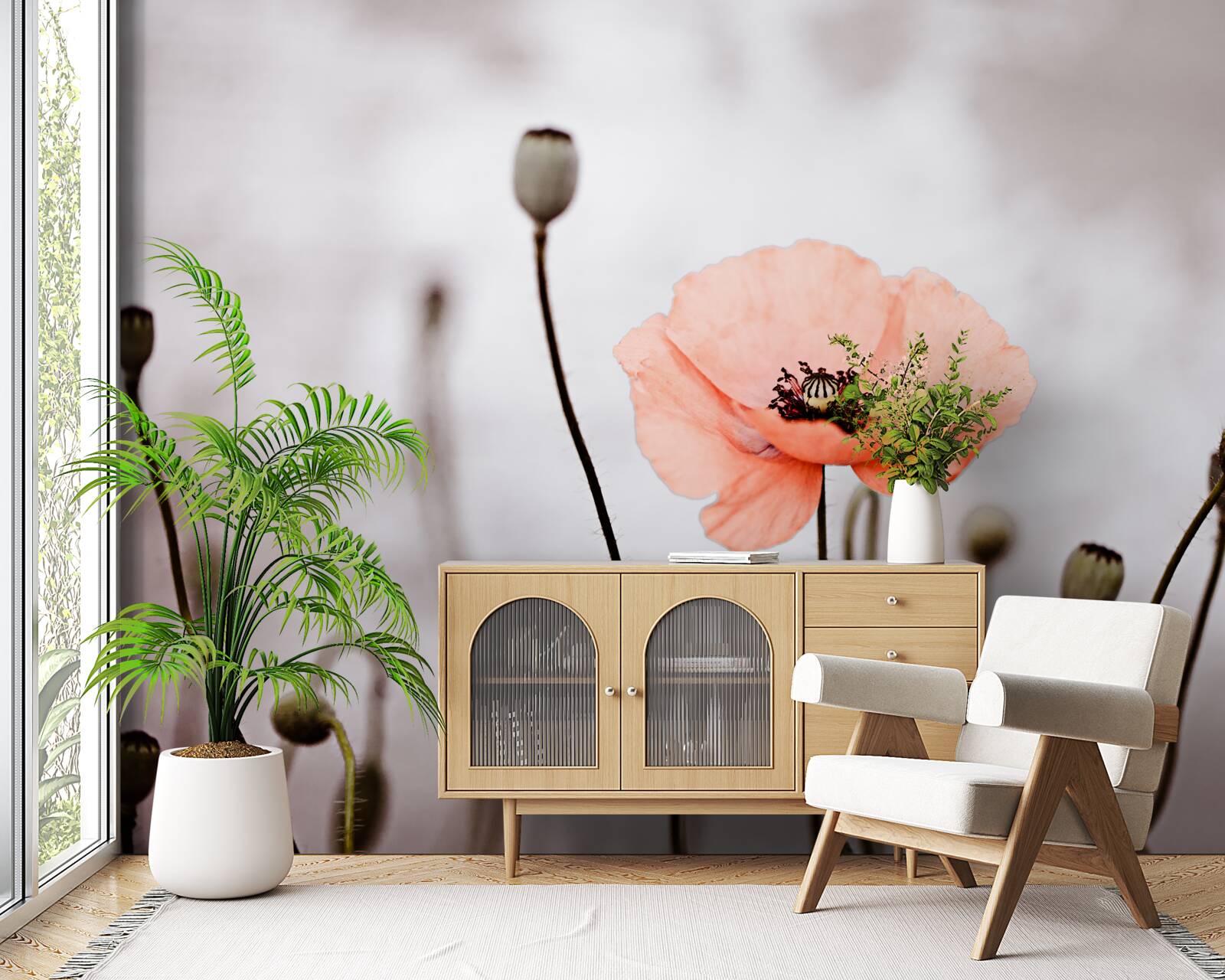 Fotobehang een eenzame klaproos die zich in al zijn roze pracht opent