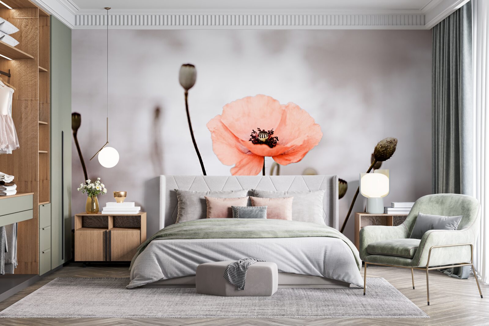 Fotobehang een eenzame klaproos die zich in al zijn roze pracht opent