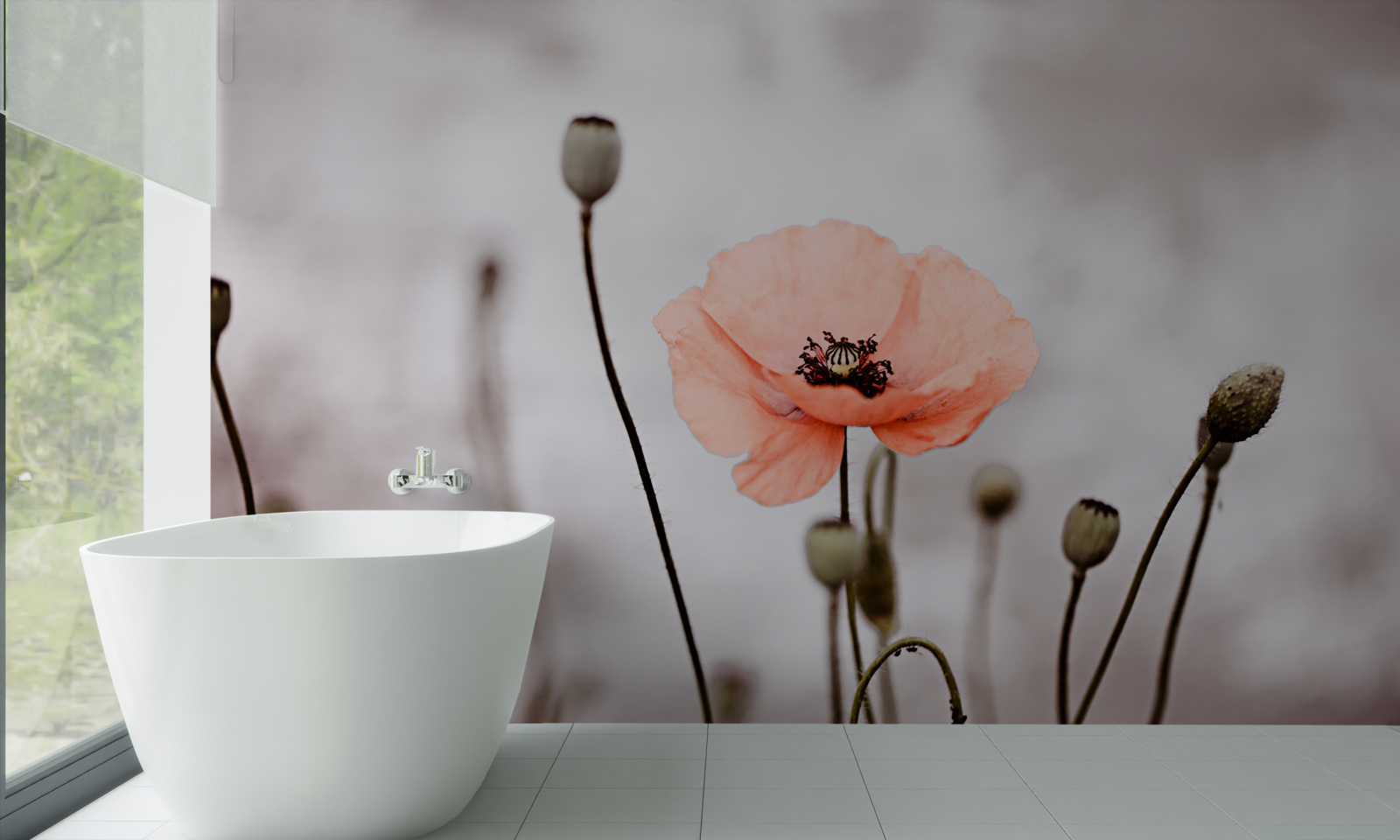 Fotobehang een eenzame klaproos die zich in al zijn roze pracht opent