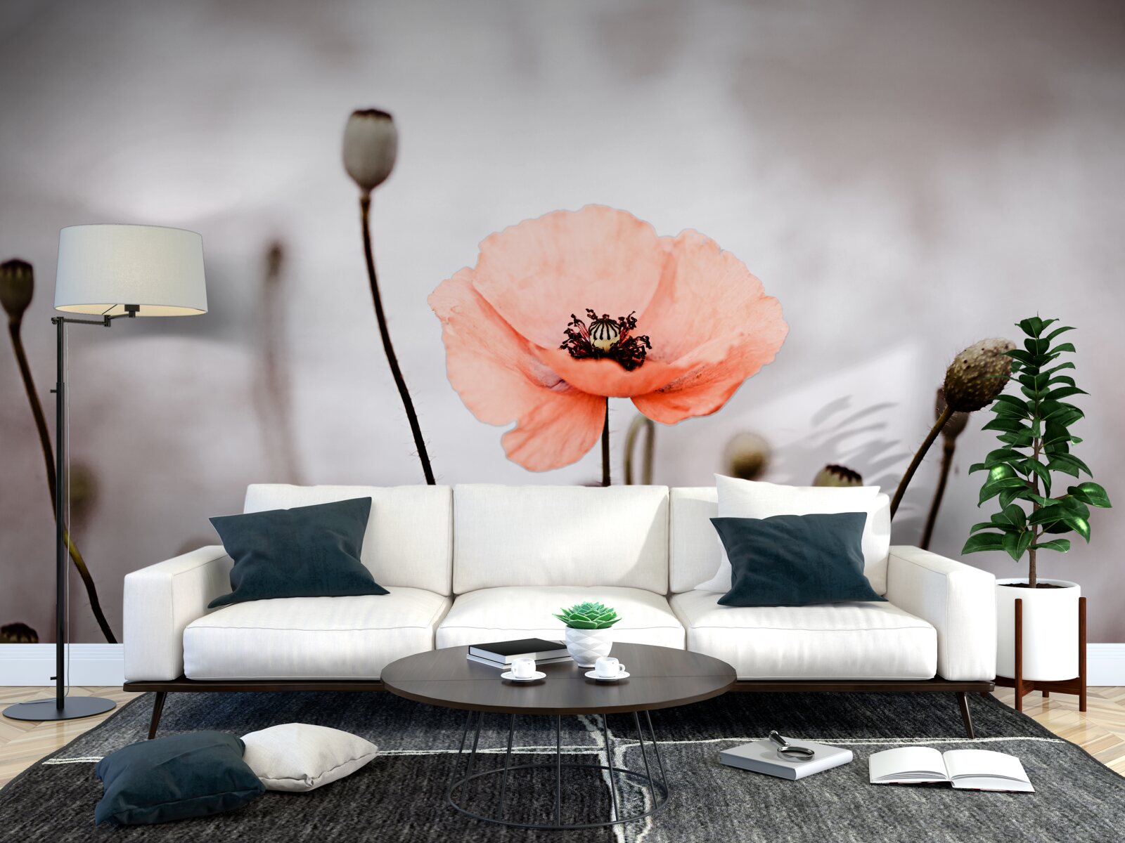 Fotobehang een eenzame klaproos die zich in al zijn roze pracht opent