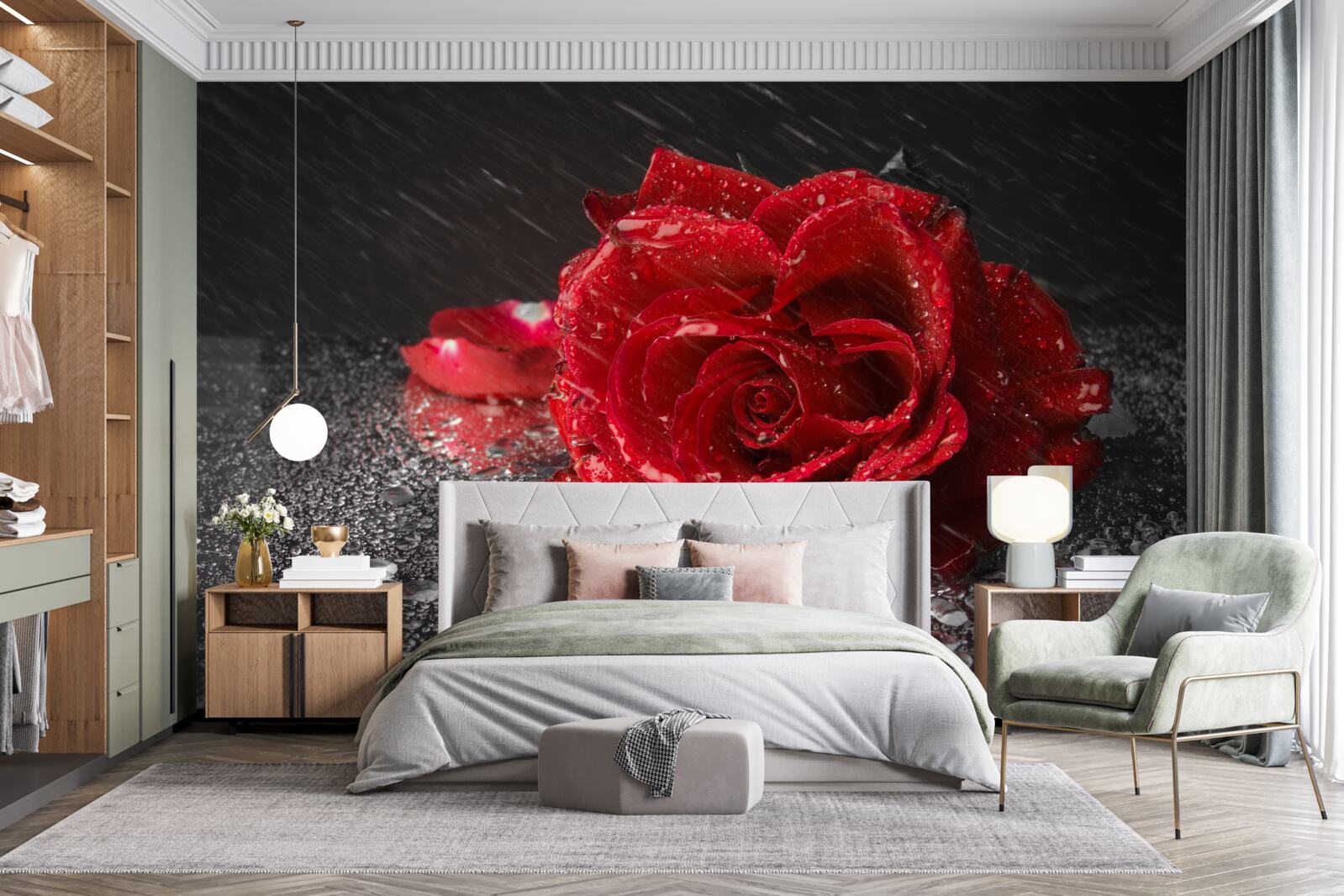 Fotobehang een roos in de regen, rood als bloed