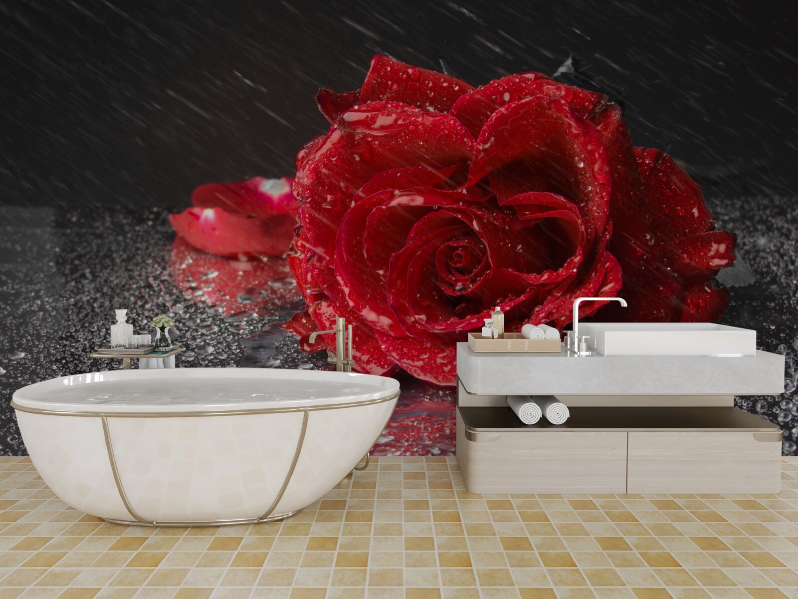 Fotobehang een roos in de regen, rood als bloed