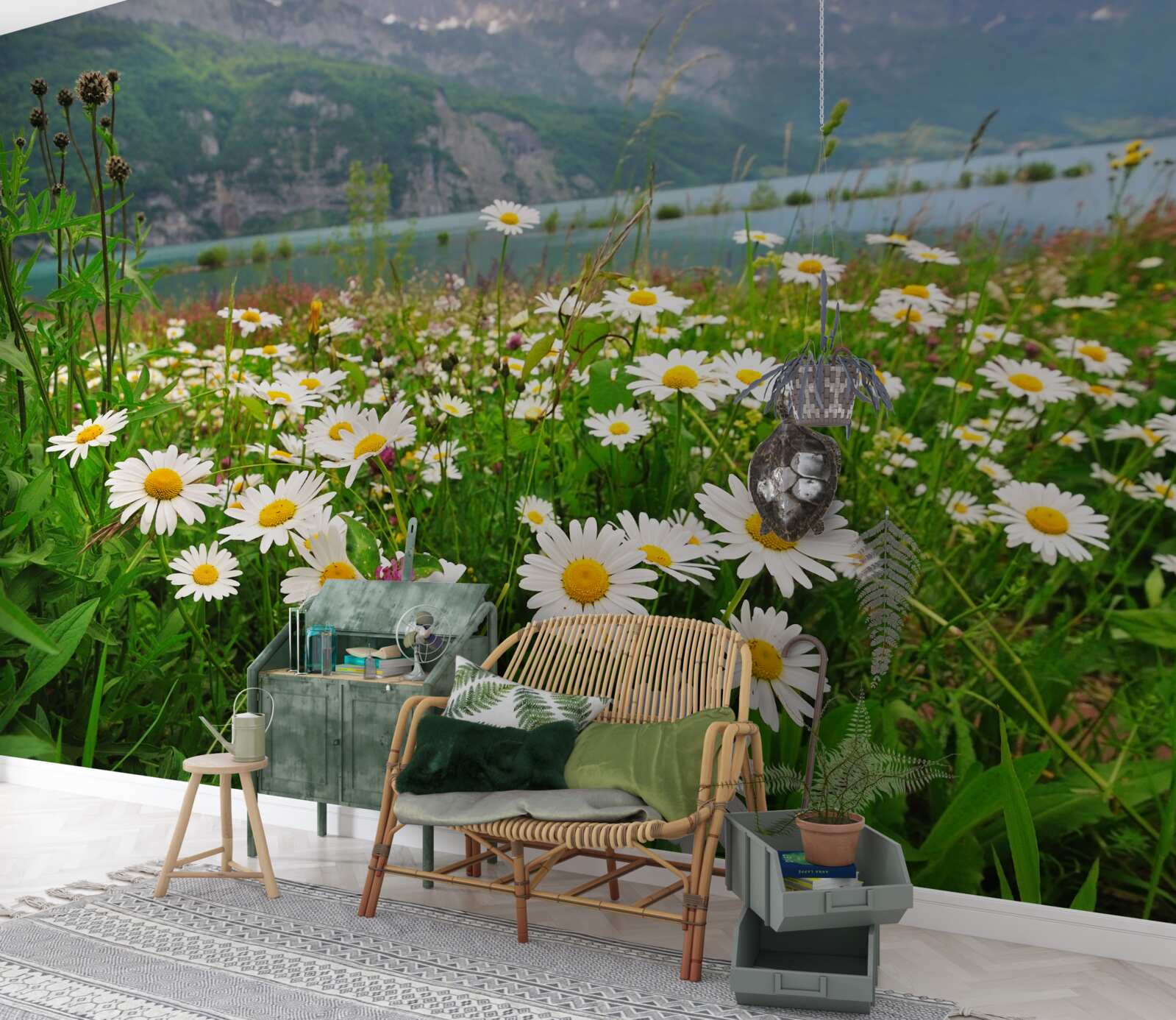 Fotobehang landschap met kamilleveld aan de voet van de bergen
