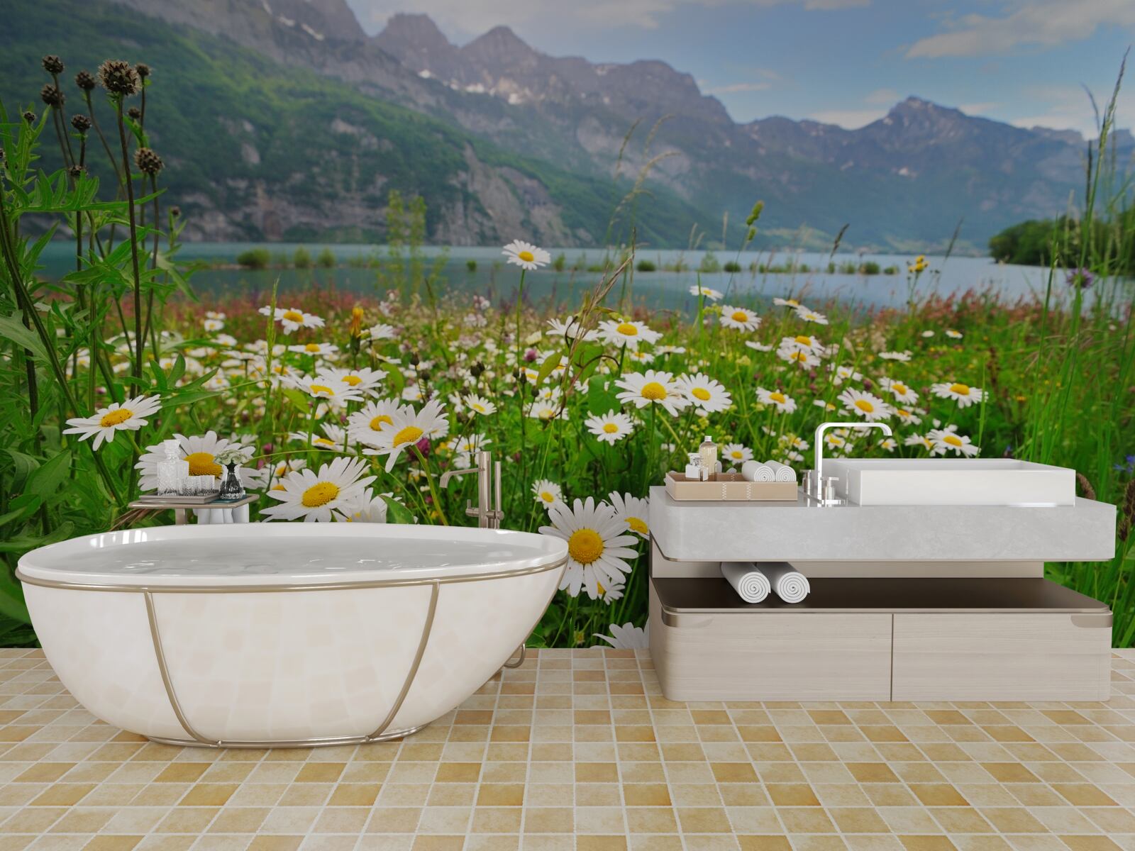 Fotobehang landschap met kamilleveld aan de voet van de bergen